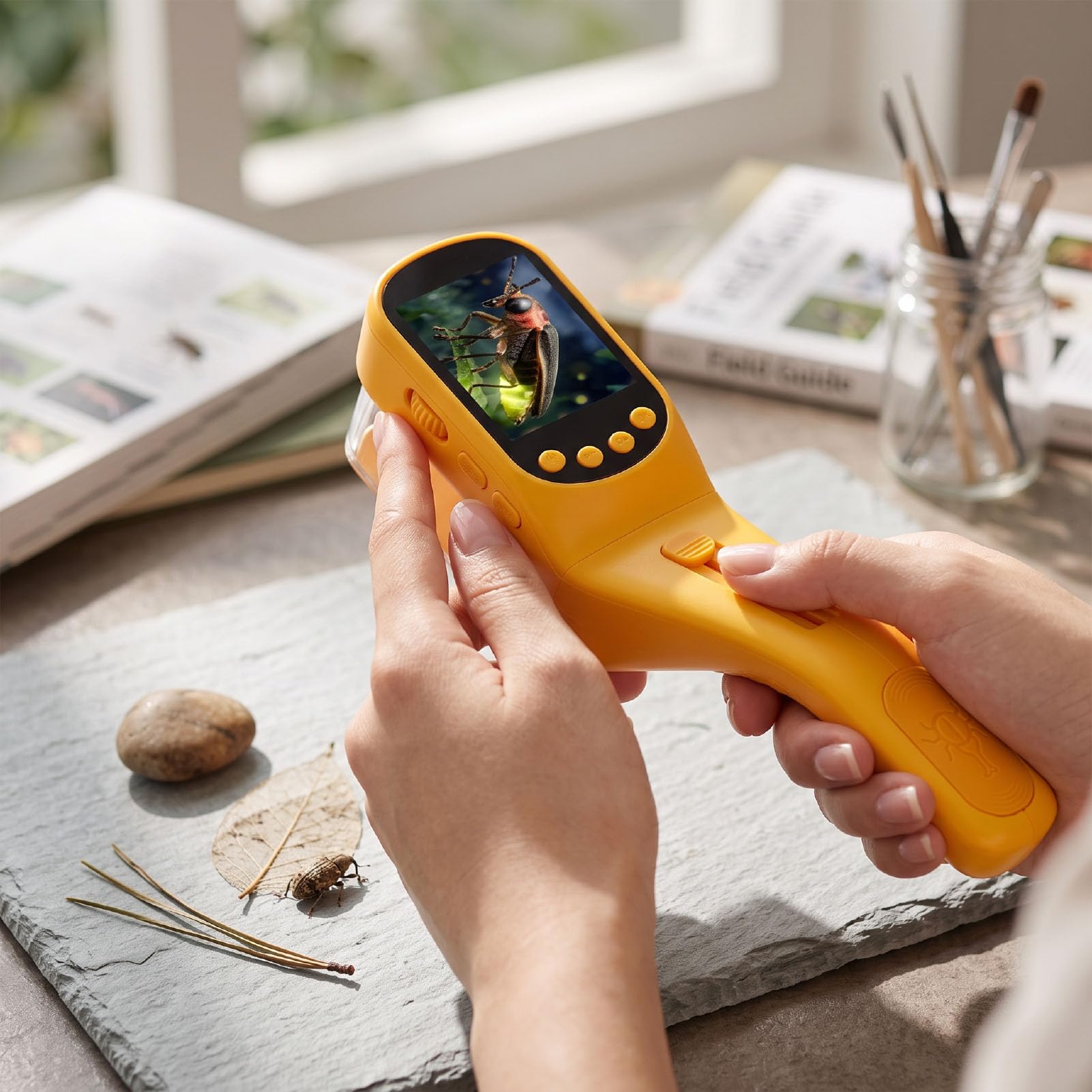 Naroote Digitales Kinder Mikroskop 500X 2.4 Zoll IPS mit LED-Licht | IPS HD Bildschirm 500X, Foto & Video, USB PC Teilen, 8 LEDs Einstellbar, Insektenfänger & Becher, MINT-Lernen für Draußen