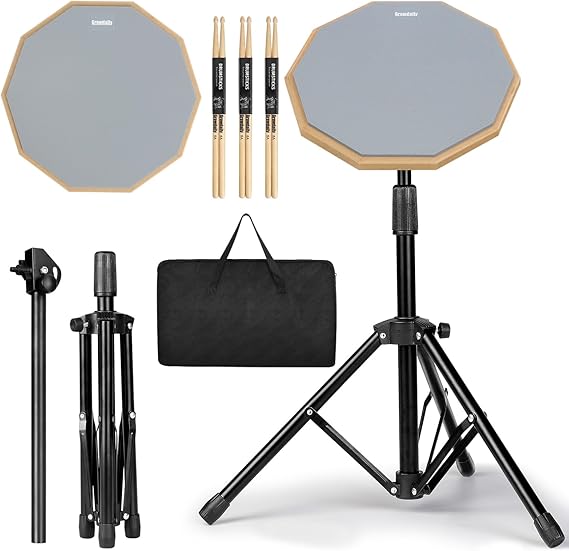 Drum Practice Pad Snare Drum Stand Set 12 In With Double Sided Silent Drum Pad, Drum sticks,Carrying Bag Adjustable Stand (Grey)