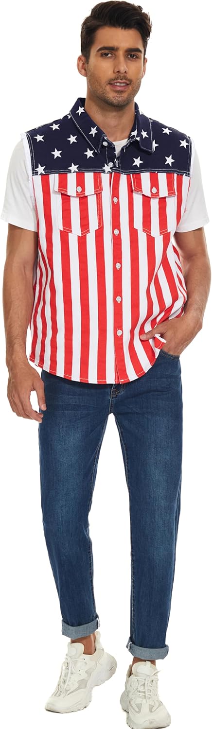 OeyFnbmO Men's Denim American Flag Retro Vest Stretch Sleeveless Jean Shirt Collar Slim Fit Lightweight
