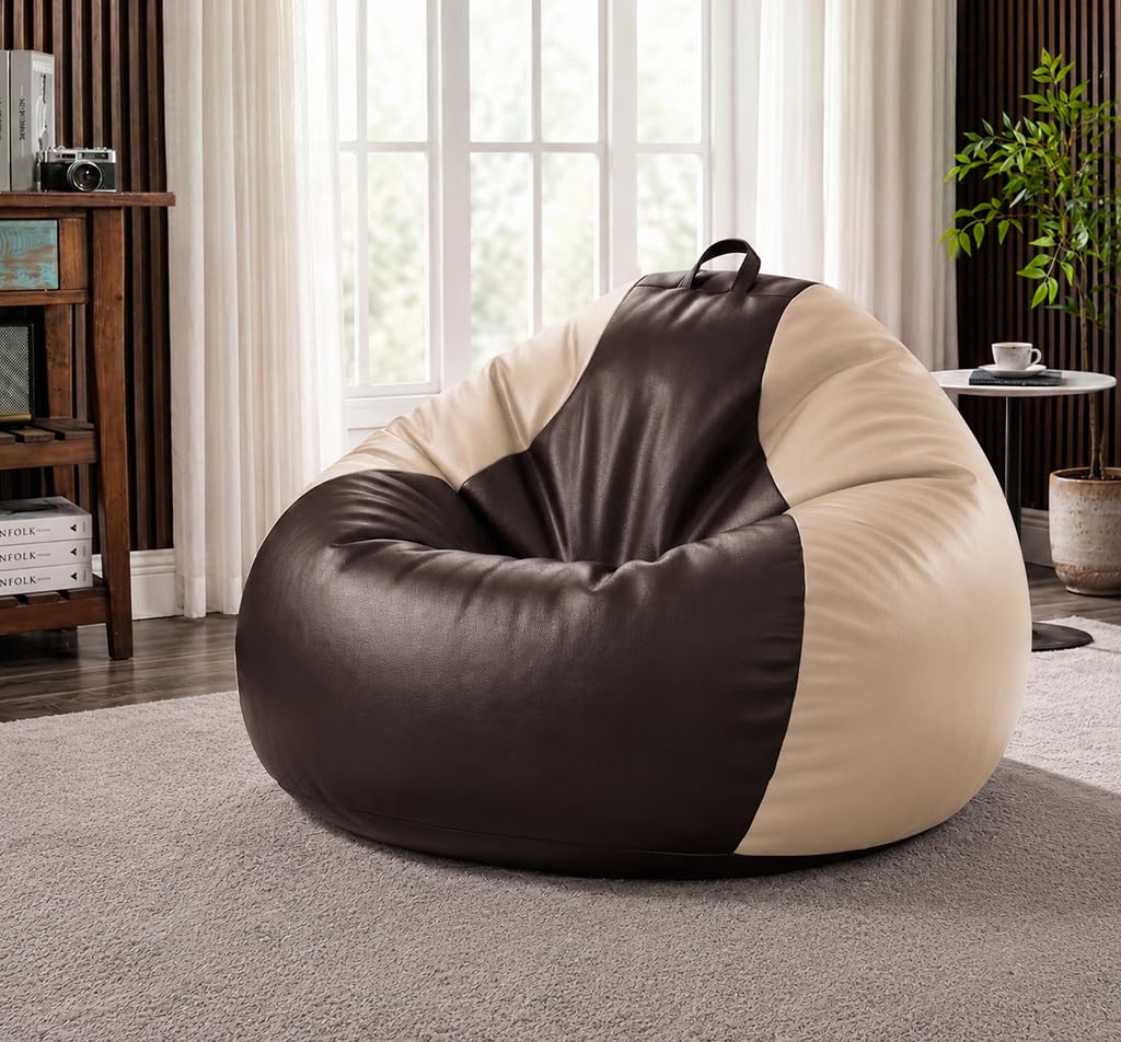 Sattva Classic 2XL Bean Bag Chair with Beans Filled | Faux Leather Sofa Style Bin Bags with Beans Filling for Living Room | Comfortable Seating for Adults & Teens, Home & Office - Brown & Cream-picture-28