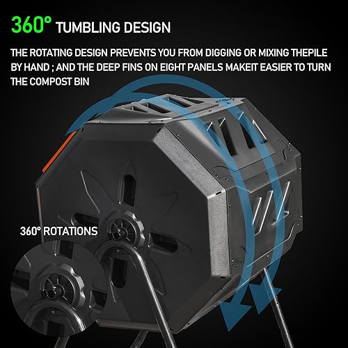 Miniatura 3 de Hourleey Contenedor de compostaje al aire libre, 43 galones de doble cámara con puertas correderas, contenedor giratorio de compostaje para jardín,