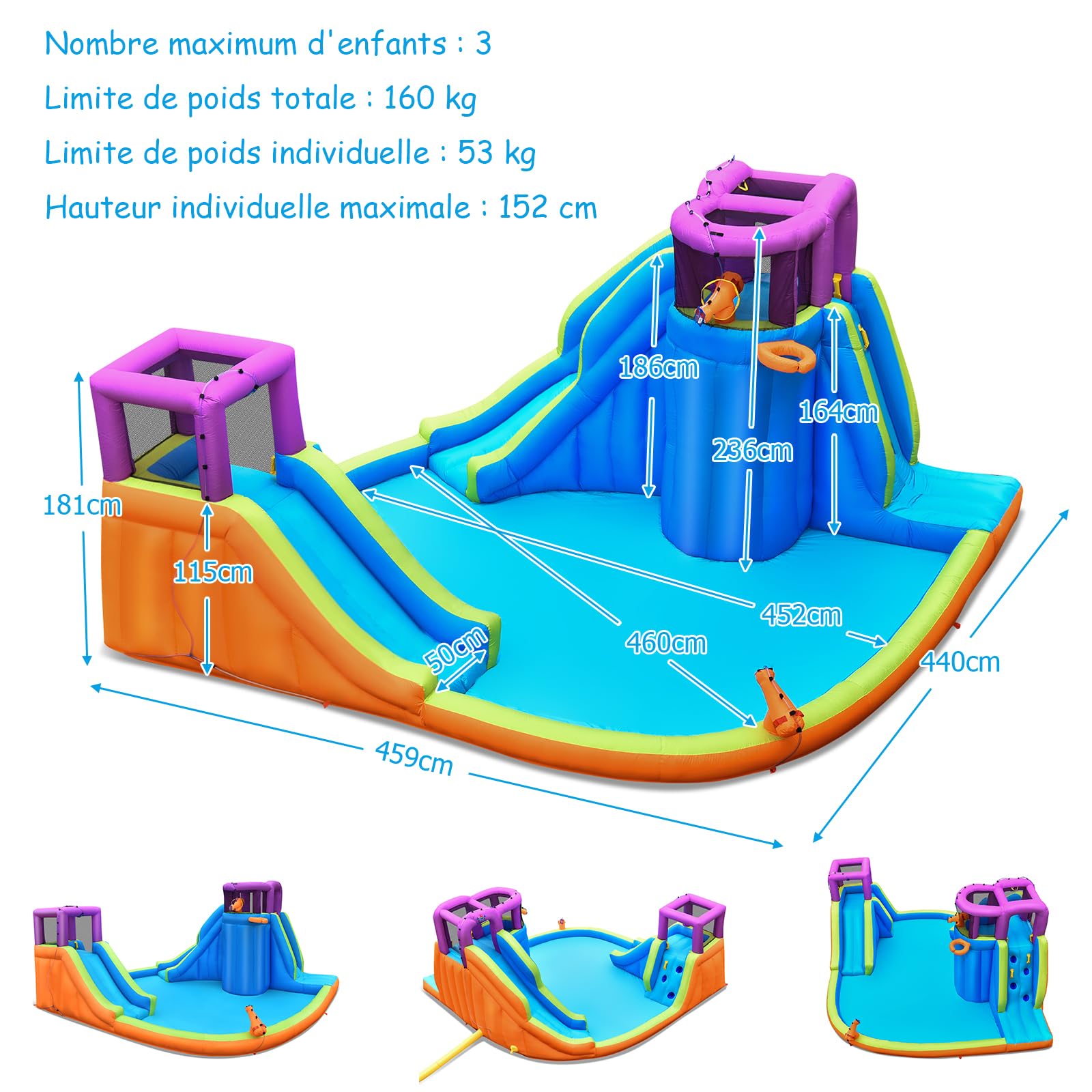 GOPLUS Château Gonflable Exterieur Enfant avec Double Toboggan, Pistolet à Eau, Mur d'escalade, Panier de Basket, Balle, avec Piscine d'Éclaboussures pour Enfants (Violet+ Gonfleur 950W)