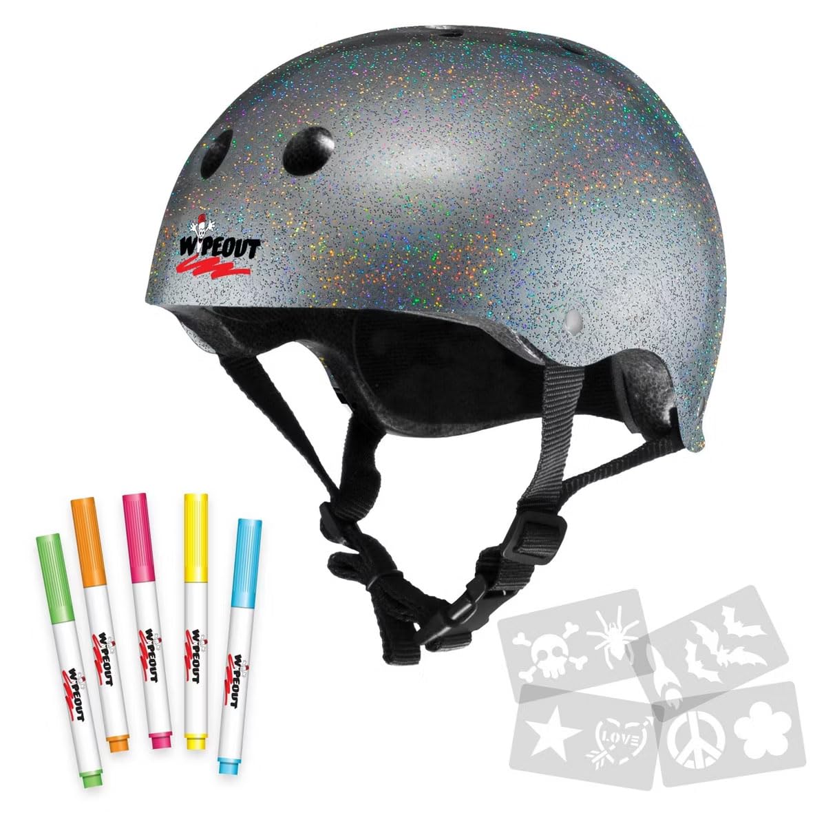 Wipeout Dry Erase Kids Bike Helmet, Create Your Own Design, Cycling Safety Head Protection, Silver Glitter, Ages 8+