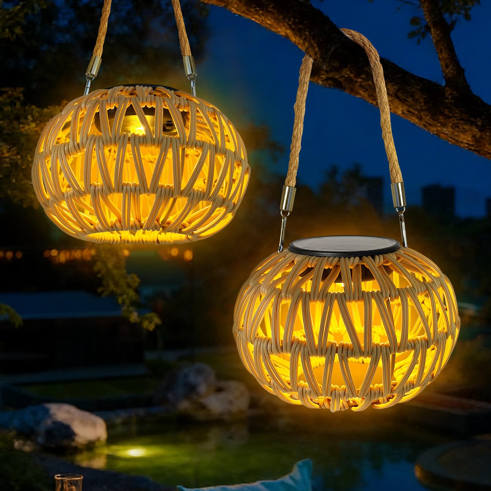 2 Stück Solarlampen Für Außen Hängend/Stehend, Solarlaterne Für Außen, IP65 Solar Lampions Außen Wetterfest, Solar Laternen Für Draußen, Rattan Solarleuchten Garten Balkon Patio, Solarlaterne Outdoor