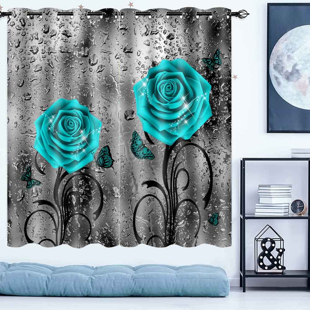 EOTDMS Teal Rose Curtains 63 inch Length Turquoise Floral Raindrops Gray Art Blackout Curtains for Living Room Bedroom Thermal Insulated Drapes 42x63