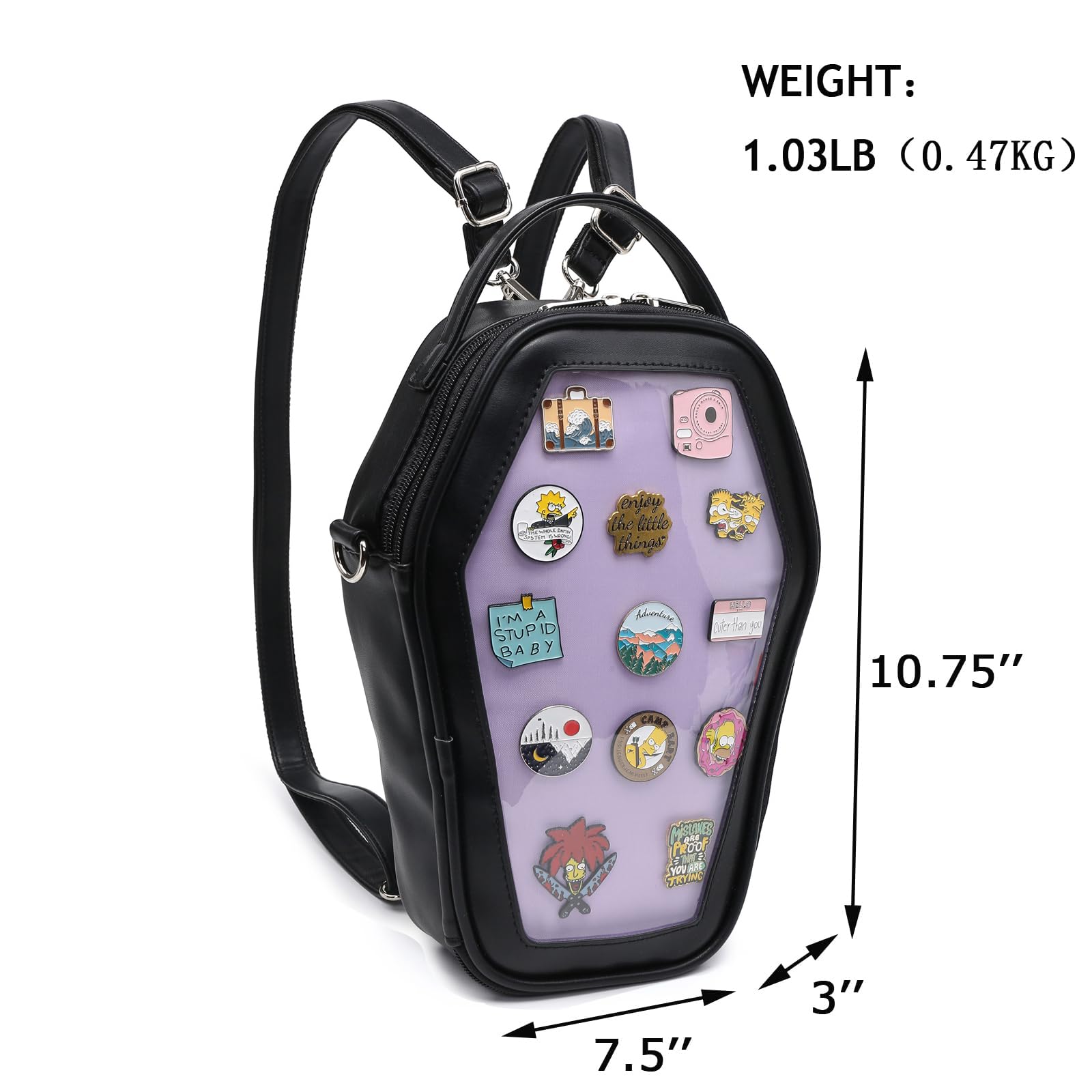 RAINBOW SMILE Ita Bag Backpack Gothic Coffin Shape Fashion Purses and Handbags Halloween JK Bags for Anime Pins Display