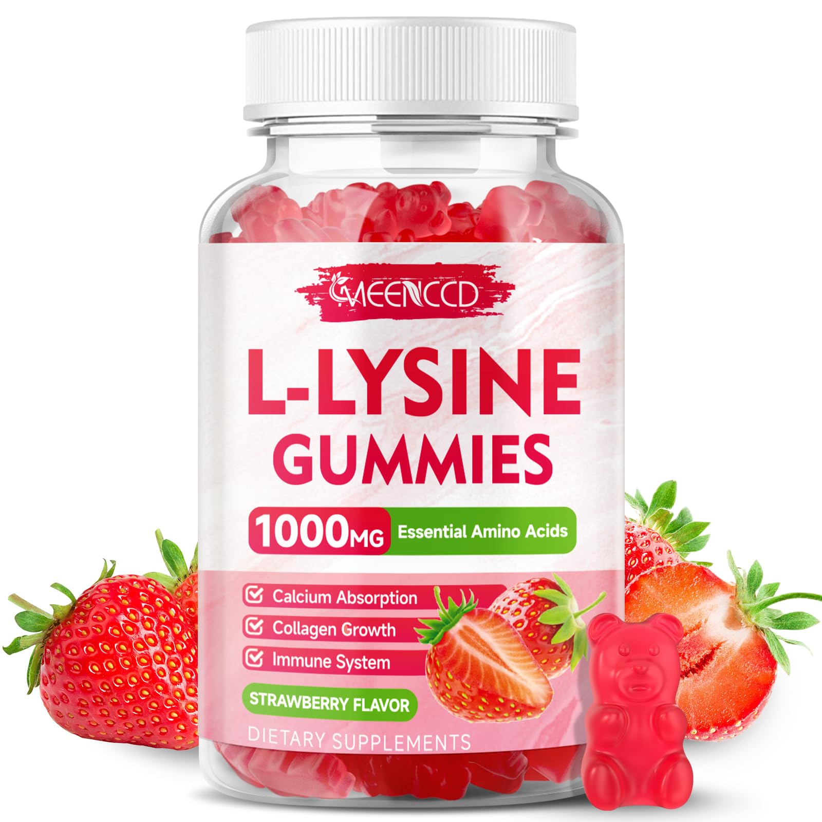 L-Lysine 1000mg Gummies, Lysine Supplement for Adults & Kids, Essential Amino Acid Supplement for Oral & Lips Health, Boost Immune & Calcium & Collagen, Sugar-Free, Strawberry Flavor, 60 Count 60 Count (Pack of 1)