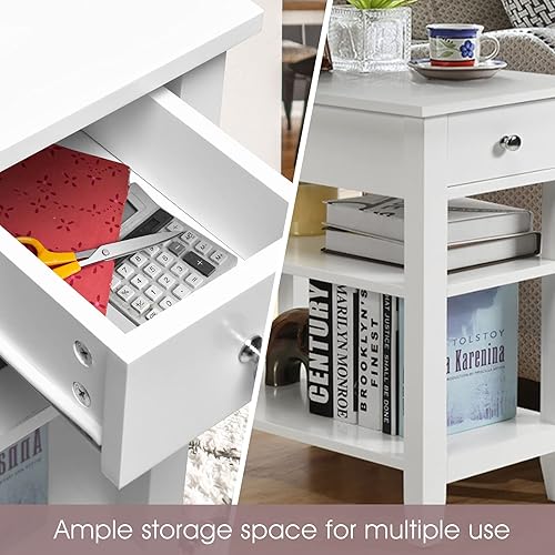 Miniatura 5 de KOTEK Mesa auxiliar con cajón y estante de almacenamiento abierto, mesa auxiliar estrecha, mesita de noche delgada, mesita de noche de 3 niveles