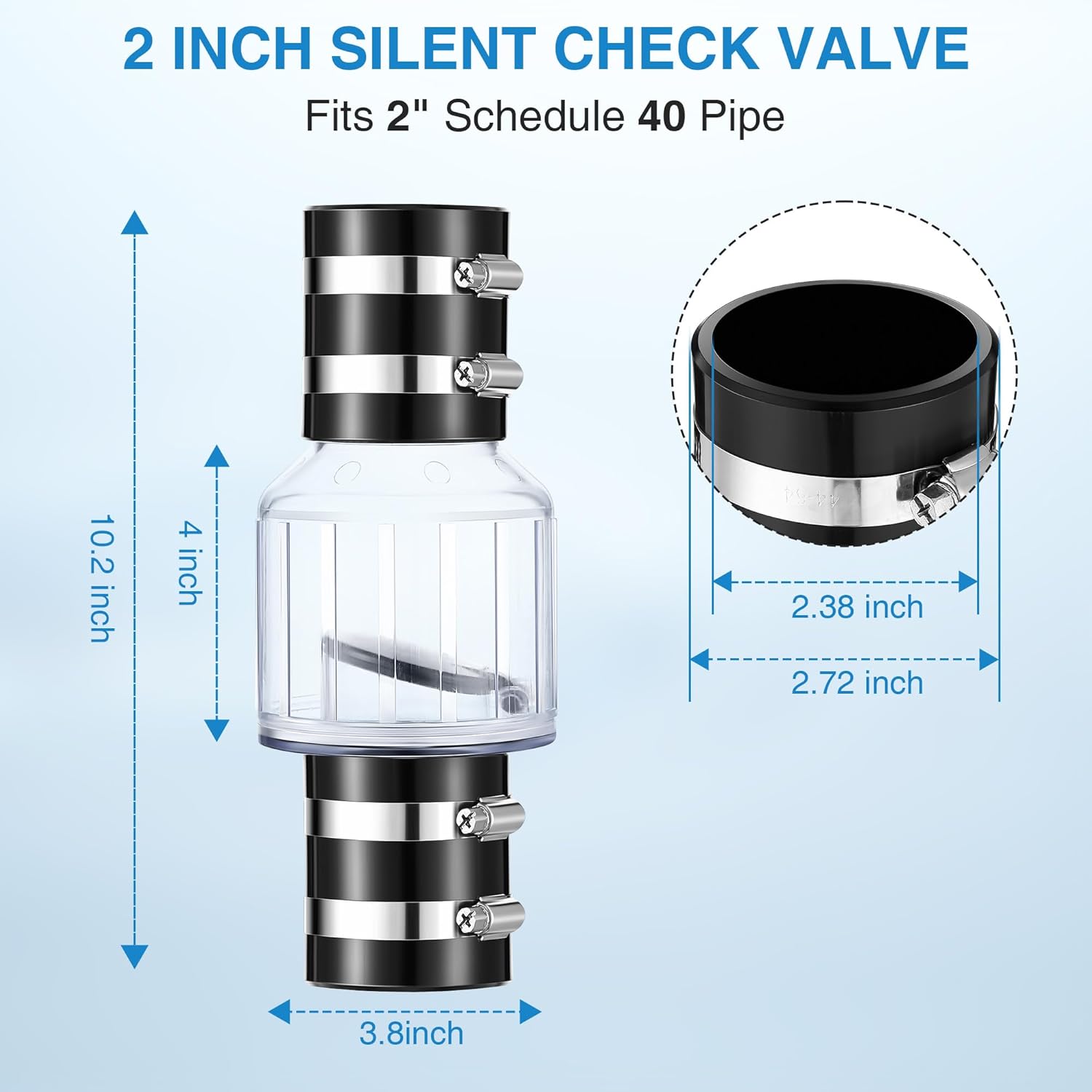 quiet sump pump check valve, 2 inch pvc check valve fits 2" schedule 40 pipe, clear, silent backflow valve with spring loaded flapper, reduces water hammer noise