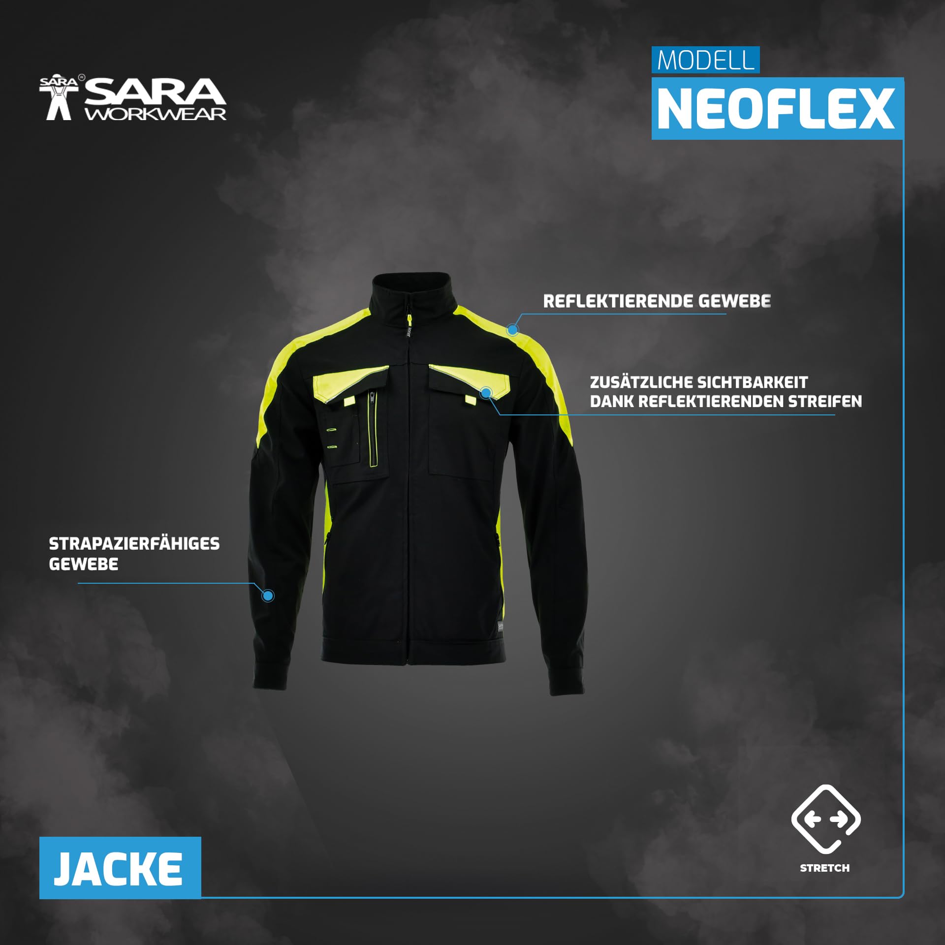 SARA Arbeitsjacke Herren - Arbeitskleidung Herren mit Stretch - Multifunktionale Bundjacke mit Reflektierenden Elementen - Arbeitsbundjacke für alle Jahreszeiten Gr.46-64
