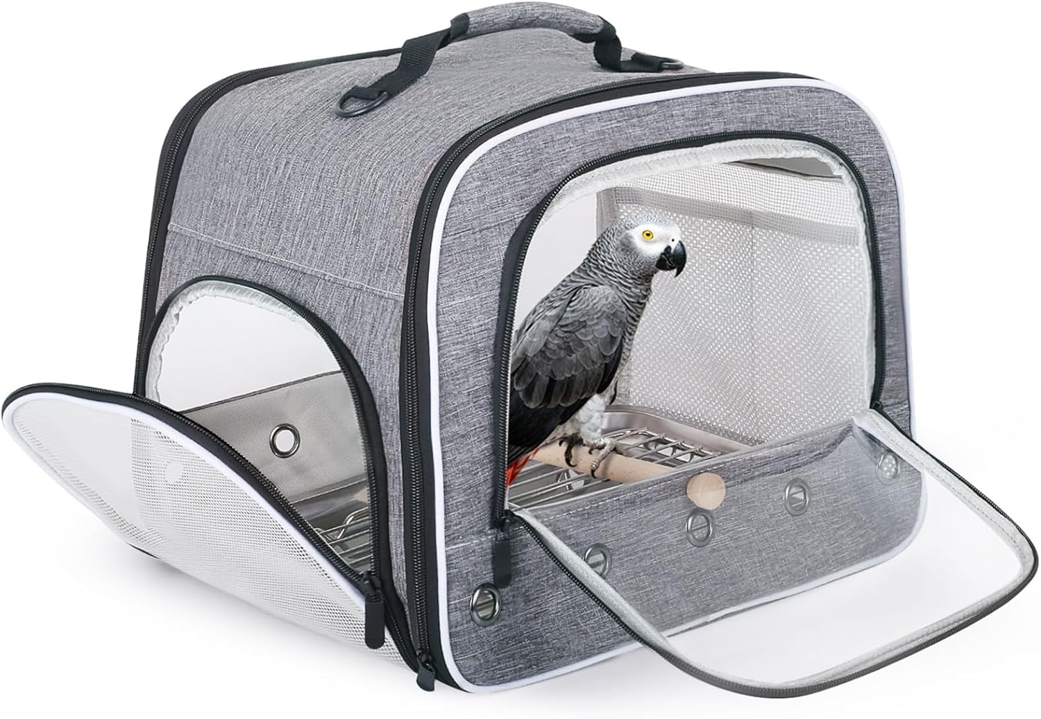 Bird Carry Carrier to Transport Large Size Parrot, Portable Bag with Metal Tray and Grid for Medium and Large Birds Like African Grey, Long Tail Cockatiel and Parrot (Grey, L)