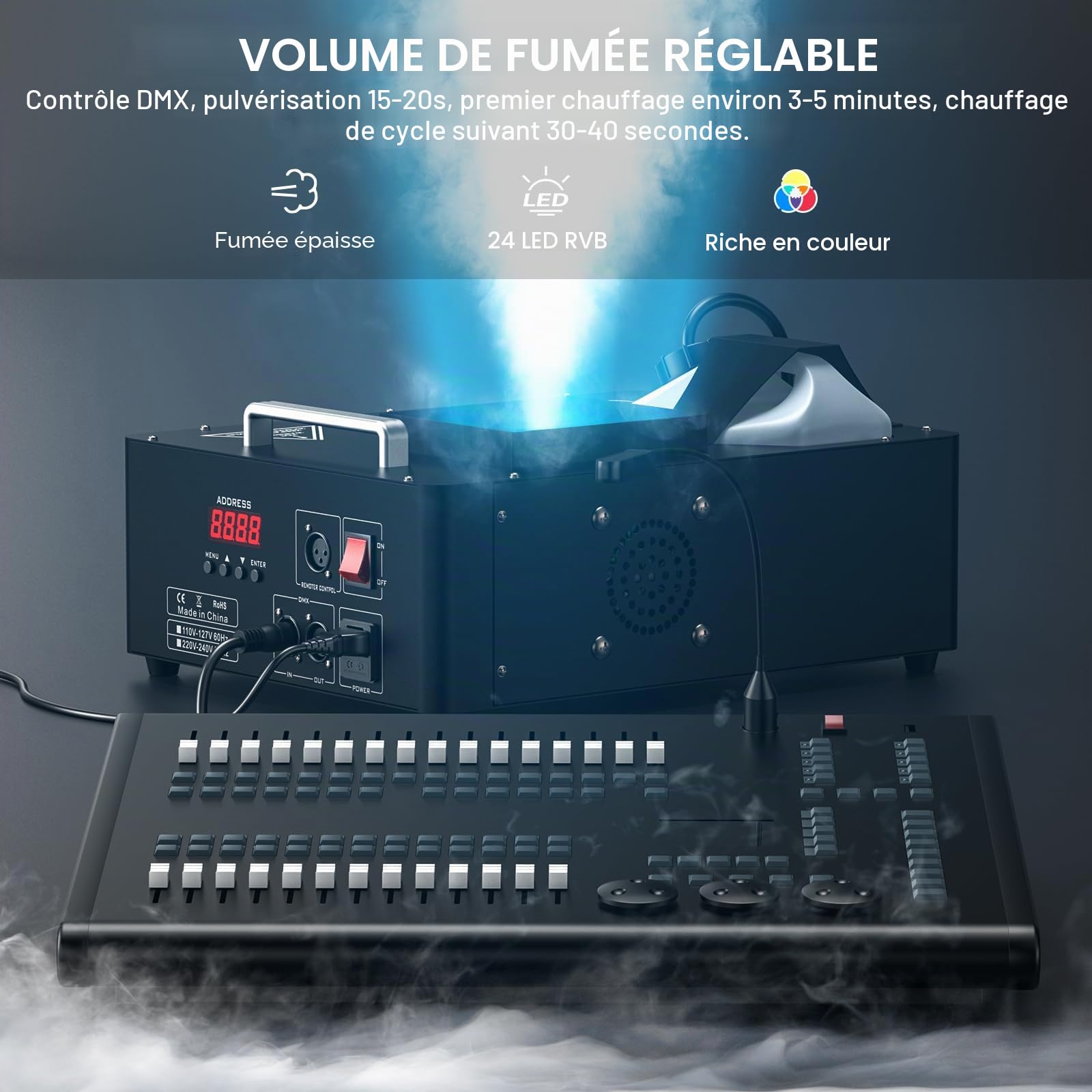 Machine à fumée de 1500 W avec 24 LED RVB, d-mx512 et télécommande pour scène de mariage, fête d'Halloween Noël