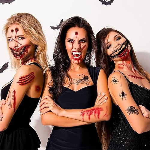 Miniatura 3 de 42 hojas de telaraña 3D y tatuajes temporales de cicatriz falsa, kit de maquillaje de Halloween, bruja zombi, realista, falso murciélago, tatuajes