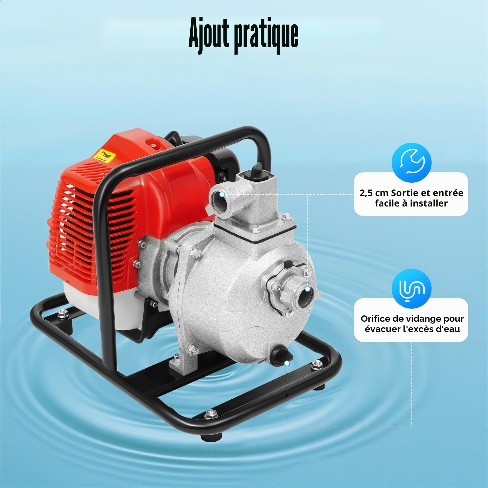 Pompe A Eau Thermique, 1,25kW Pompe A Eau, Pomp A Eau de 135L/min, Moteur 2 Temps, Source d'énergie pour Irrigation et Jardin (Rouge/Noir)