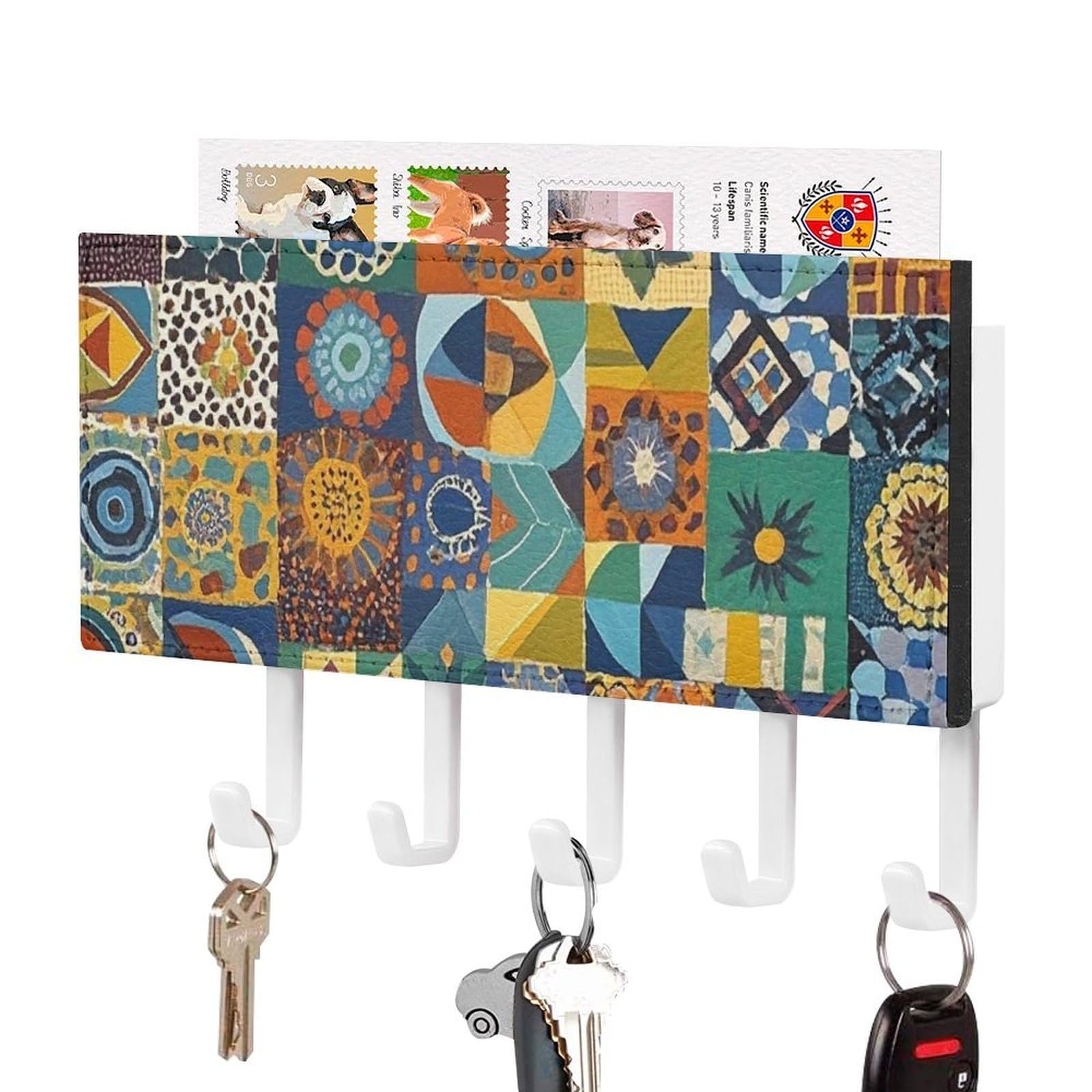 FekiLoot African Style Patchwork Key Holder Wall Mount Key Hanger with 5 Hooks Decorative Key Rack Hanging Key Hooks with Mail Organizer Key Holder for Wall Living Room Kitchen Bathroom Hallway White