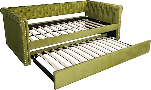 Miniatura 7 de Merax Sofá cama tapizado con nido, moderno sofá cama de terciopelo con diseño de botones copetudos y reposabrazos curvos para sala de estar,