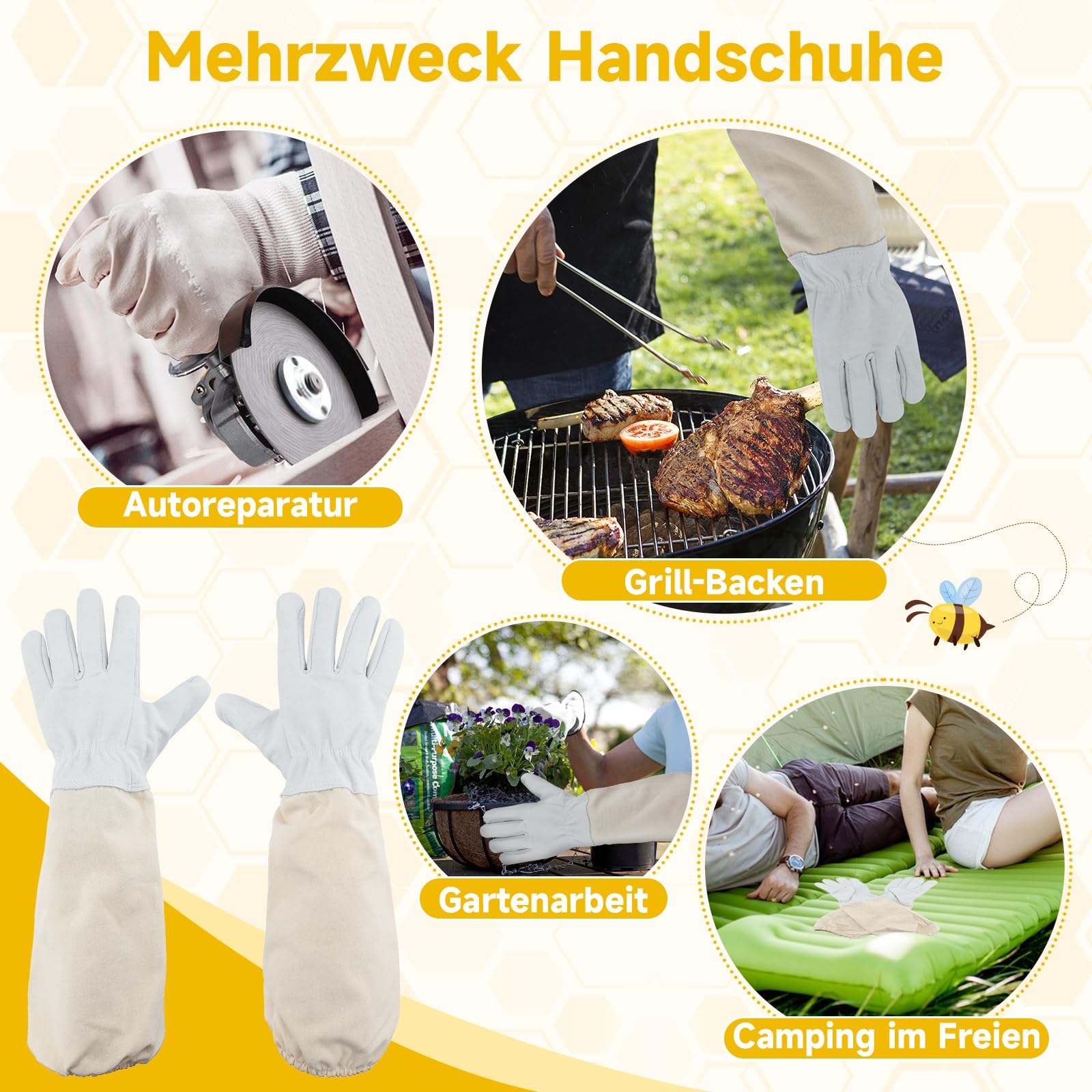 Produktbild von Hapyearn Imkerhandschuhe Aus Ziegenleder – Stichfest, 47 Cm, Atmungsaktive Ärmel, Unisex, Professioneller Bienenschutz