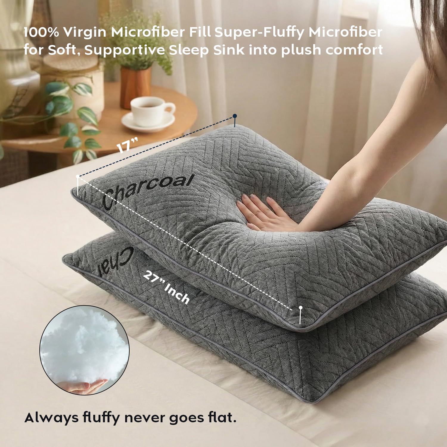 AYKA Premium Charcoal Pillow for Sleeping | Super Soft & Fluffy Bed Pillow | 100% Virgin Microfiber Filling | Breathable | Ideal for All Sleeping Positions | 17x27 Inch | Grey | Pack of 2 3
