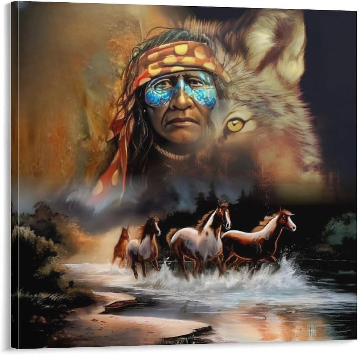 FestiKit Native American Horses Running Classic Posters Pictures Wall Decor Gifts Office Wall Art Kids Room Poster Framed,20x20inch(50x50cm)