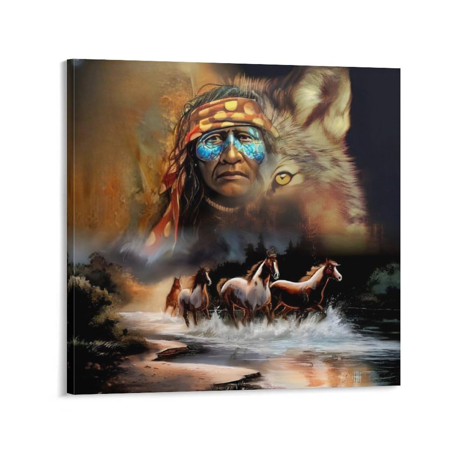 FestiKit Native American Horses Running Classic Posters Pictures Wall Decor Gifts Office Wall Art Kids Room Poster Framed,20x20inch(50x50cm)