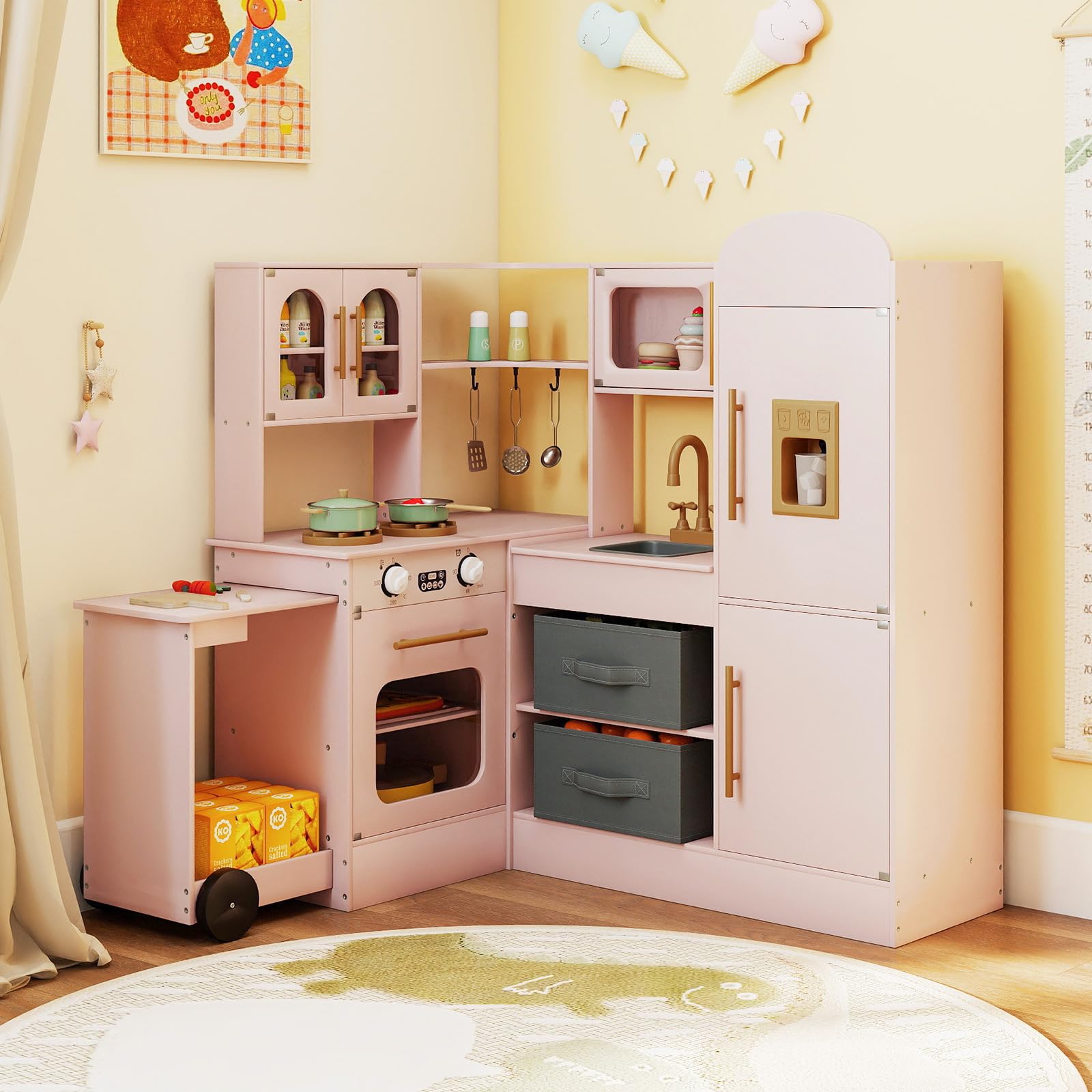 COSTWAY Kinderküche mit Licht und Sound, Eck Spielküche mit ausziehbarer Arbeitsplatte, Spüle, Herd, Ofen & Kühlschrank, Spielzeugküche inkl. Zubehör & Stoffkörben, für Kinder ab 3 Jahren (Rosa)