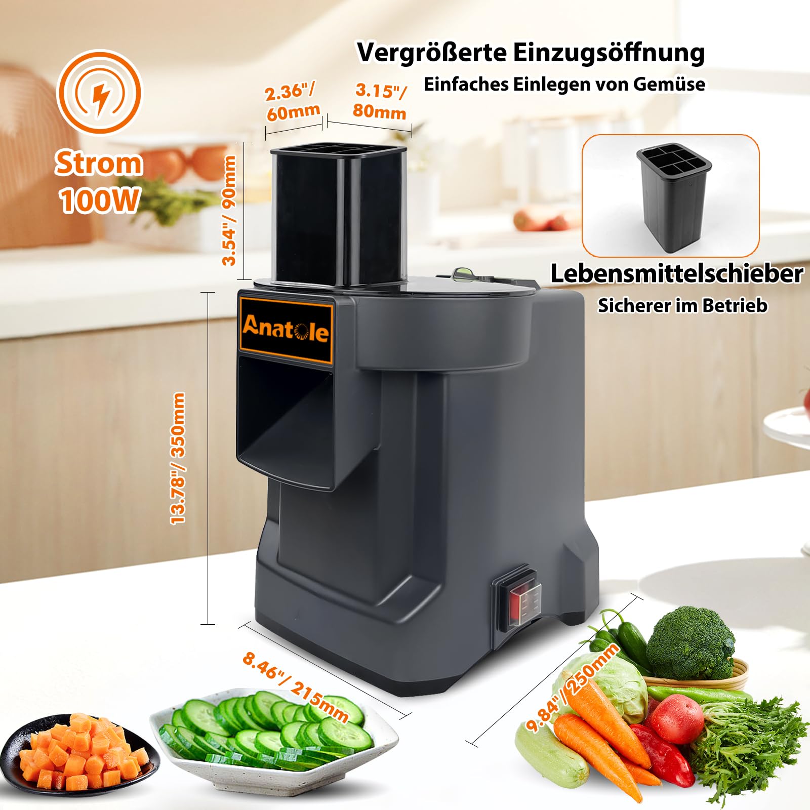 Anatole Würfelschneider Elektrisch Gemüseschneider Professionell 3 Klingen | 9mm/12mm/16mm Klingen aus Edelstahl, für Kartoffel Karotte Zwiebel Gurke Obst, für Restaurant Hotel Hause, 100W 220V