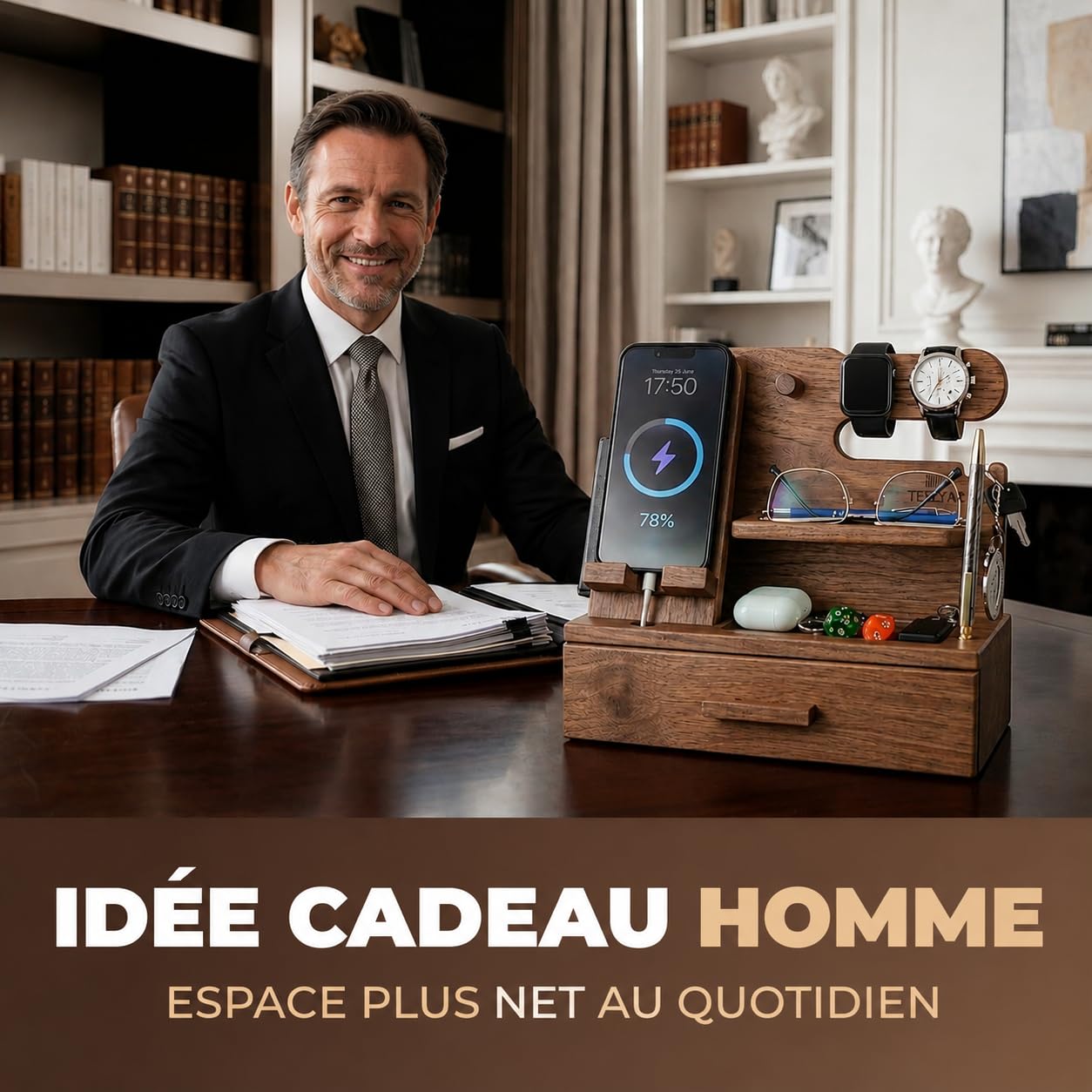 TESLYAR Station d'accueil pour téléphone en bois avec tiroir, organisateur de table de chevet, organisateur de bureau pour mari, cadeau d'anniversaire pour homme, papa, idée d'anniversaire, porte-clés