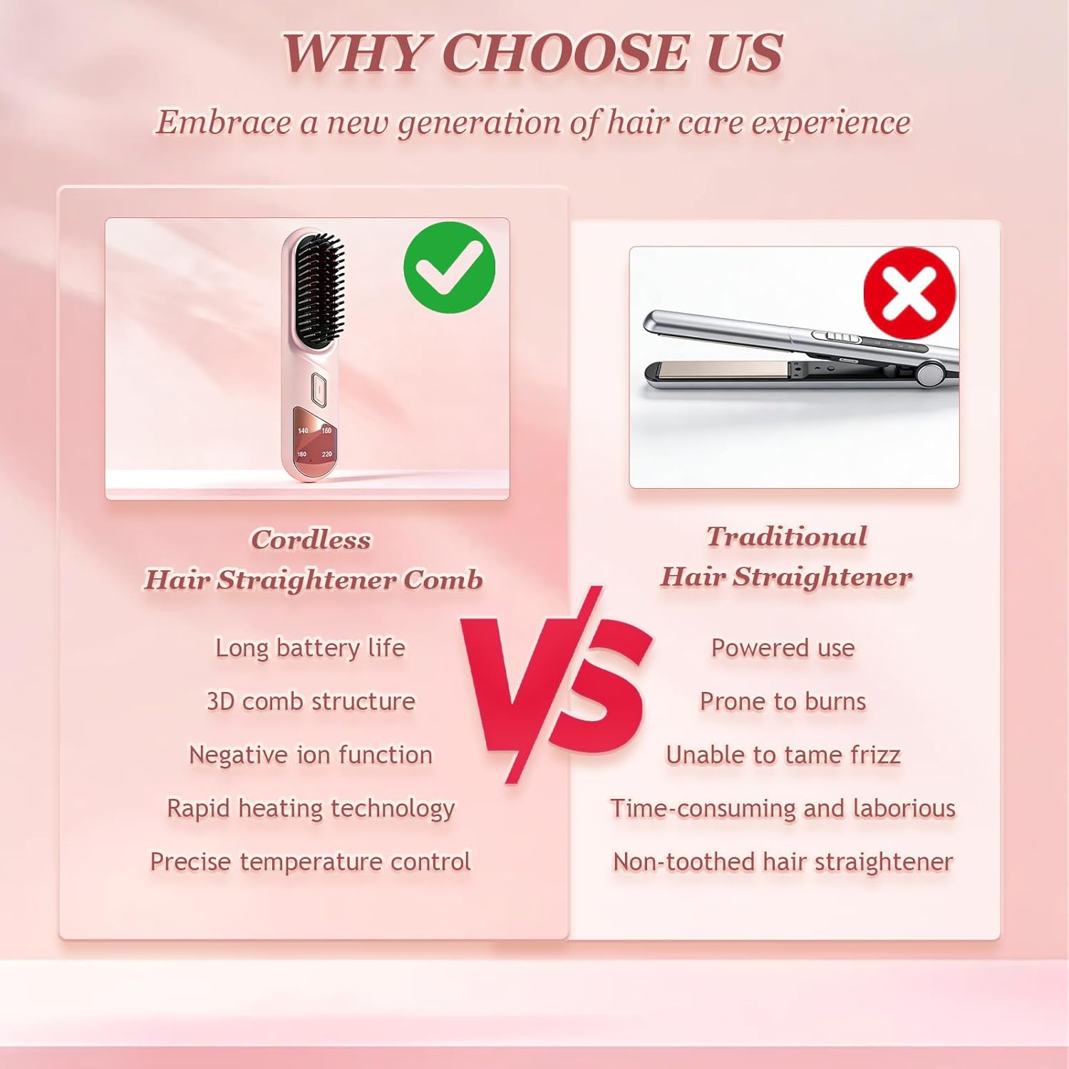 Go Brush Pro Portable Hair Straightener Brush, Cordless Negative Ion Hair Straightener Comb, 4 Temps Fast Heating, MCH Ceramic Coating, Multi-Functional Brush for All Hair Types (Purple)