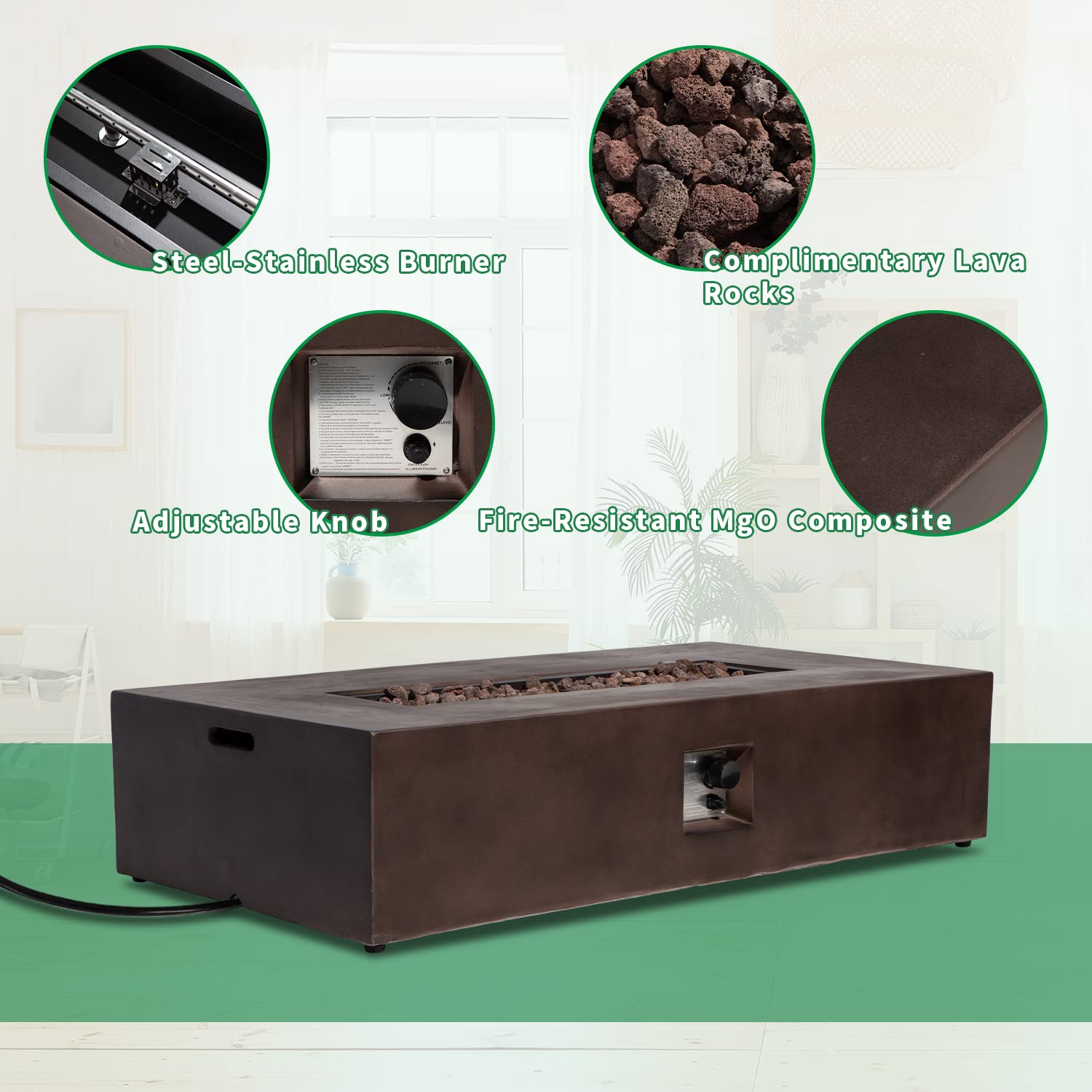 Tavolo per caminetto a gas propano per patio, con serbatoio da 9,1 kg, braciere rettangolare da 50.000 BTU, finitura simile al cemento con rocce laviche, copertura antipioggia, 142,2 x 73,7