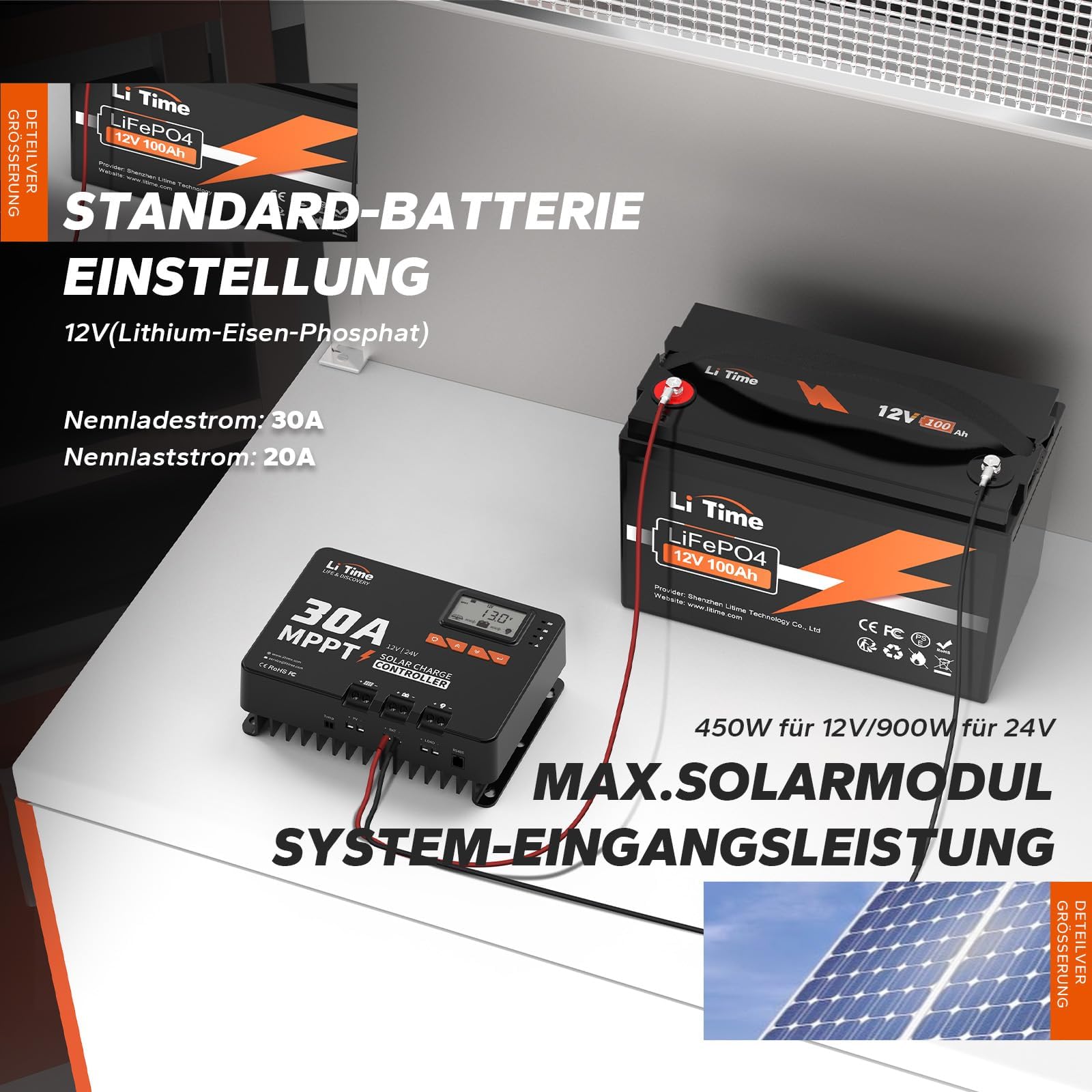 LiTime 30A Regulador de Carga Solar, Controlador de Carga Solar 12v Con Adattatore Bluetooth, Display LCD Regolabile e Indicatore LED，Regulador Solar Mpp Adatto per Batterie al Litio