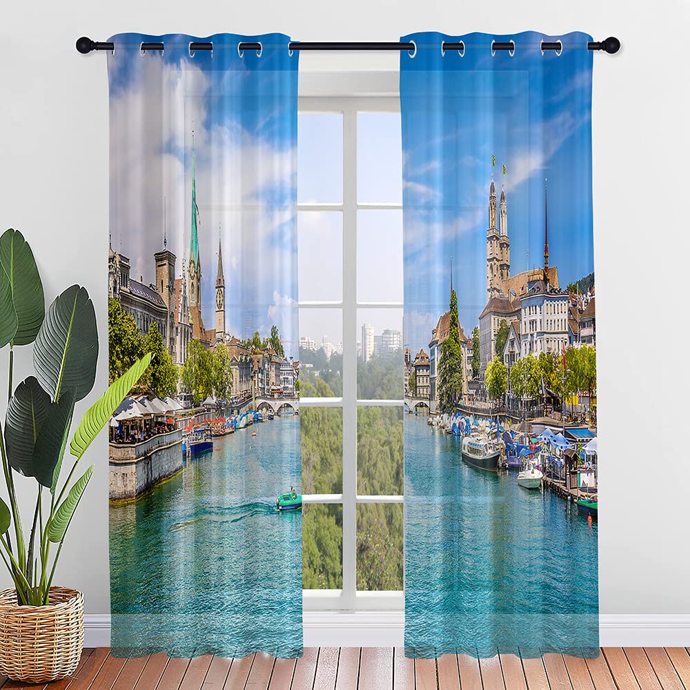 Hiseng Voile Curtains for Bedroom 2 Panels, Sheer Curtains Eyelets Net Translucent Window Screen Printed Tulle Door Drapes for Living Room Balcony Home Decorative (80x115cm,Venice)