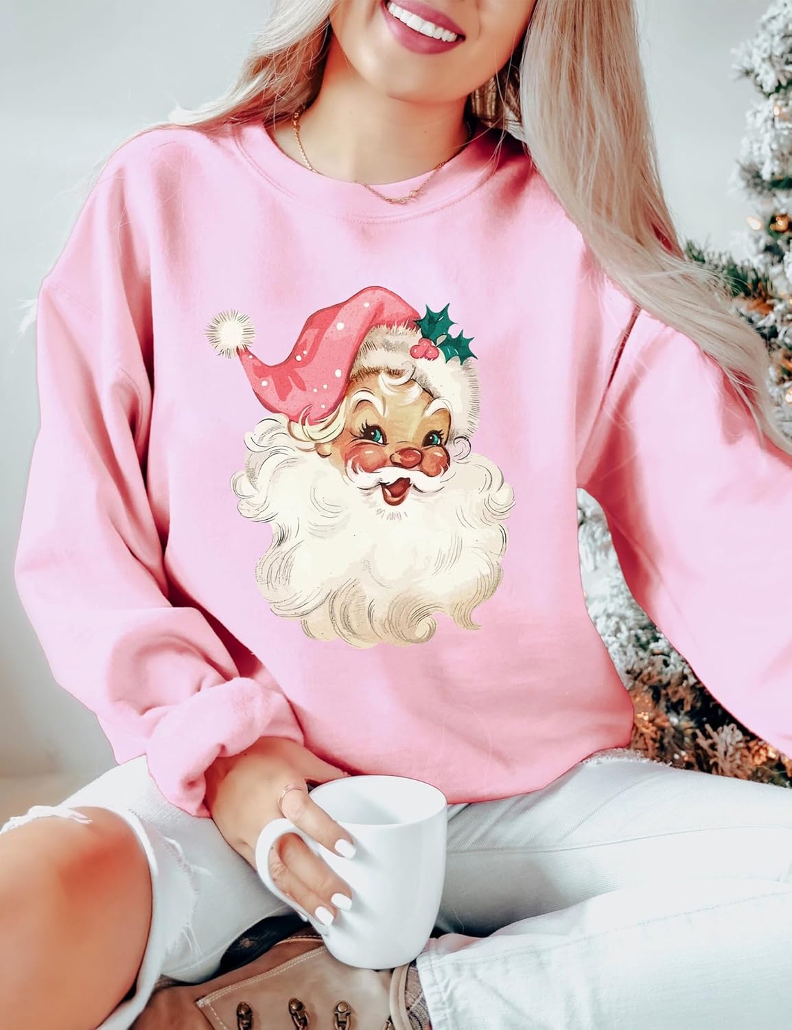 Christmas Sweatshirt for Women Novelty Pink Santa Xmas Graphic Long Sleeve Pullover Tops - Image 2