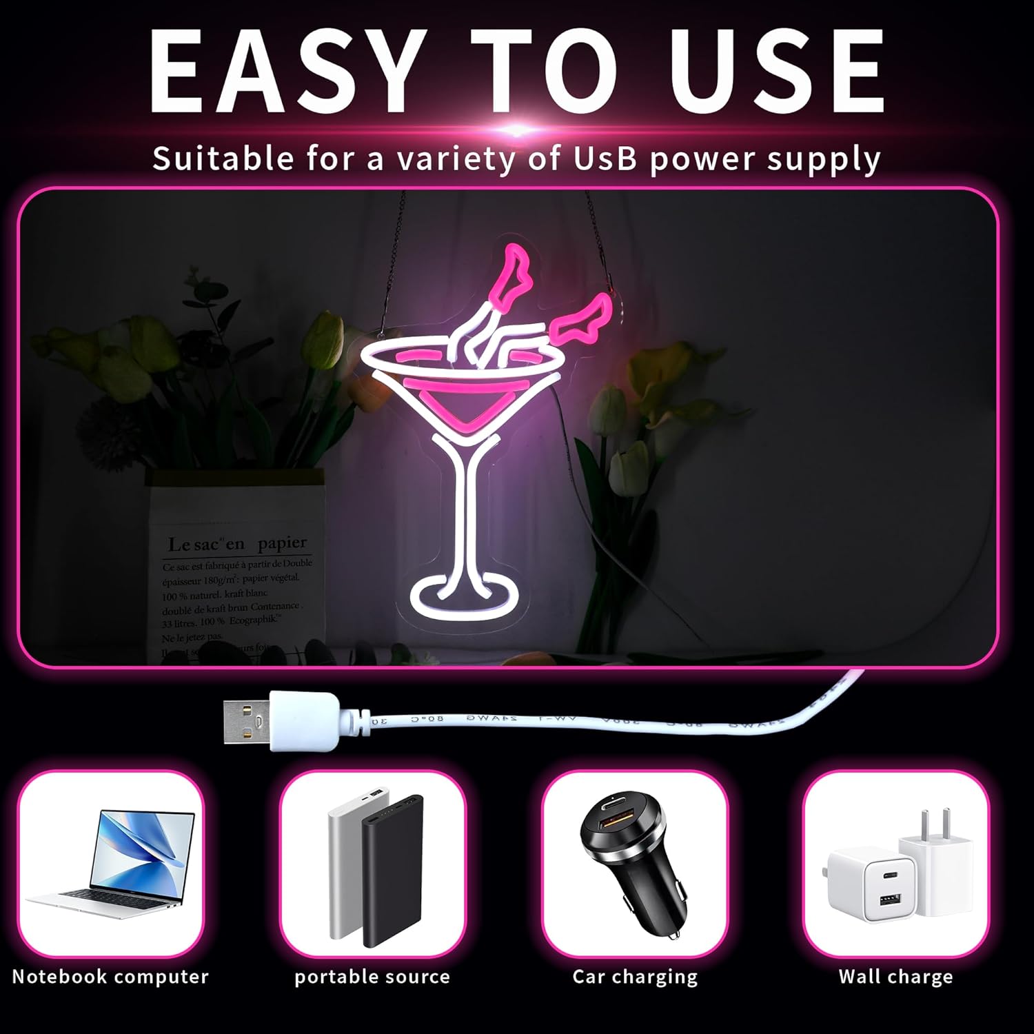 WIOSOUL Beer Neon Sign LED Bar Neon Light Sign Pink Women Cocktail Neon Signs USB Neon Lights for Home Bar, Man Cave, Cocktail Party, Weddings, Club - Image 4