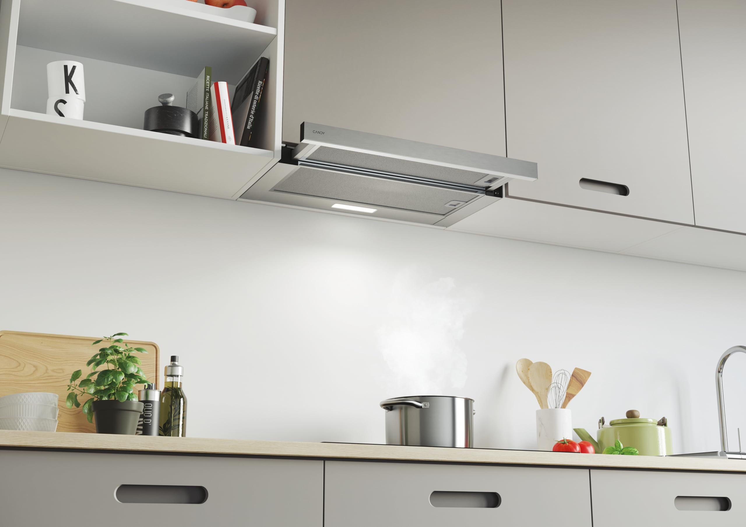 Candy CBT6130/3X, Campana telescopica 60 cm, 2 livelli di potenza, 125 W, 264 M3/H, filtri in carbonio, pannello alluminio antigrasso, illuminazione LED, 53/60DB, classe B, acciaio inossidabile