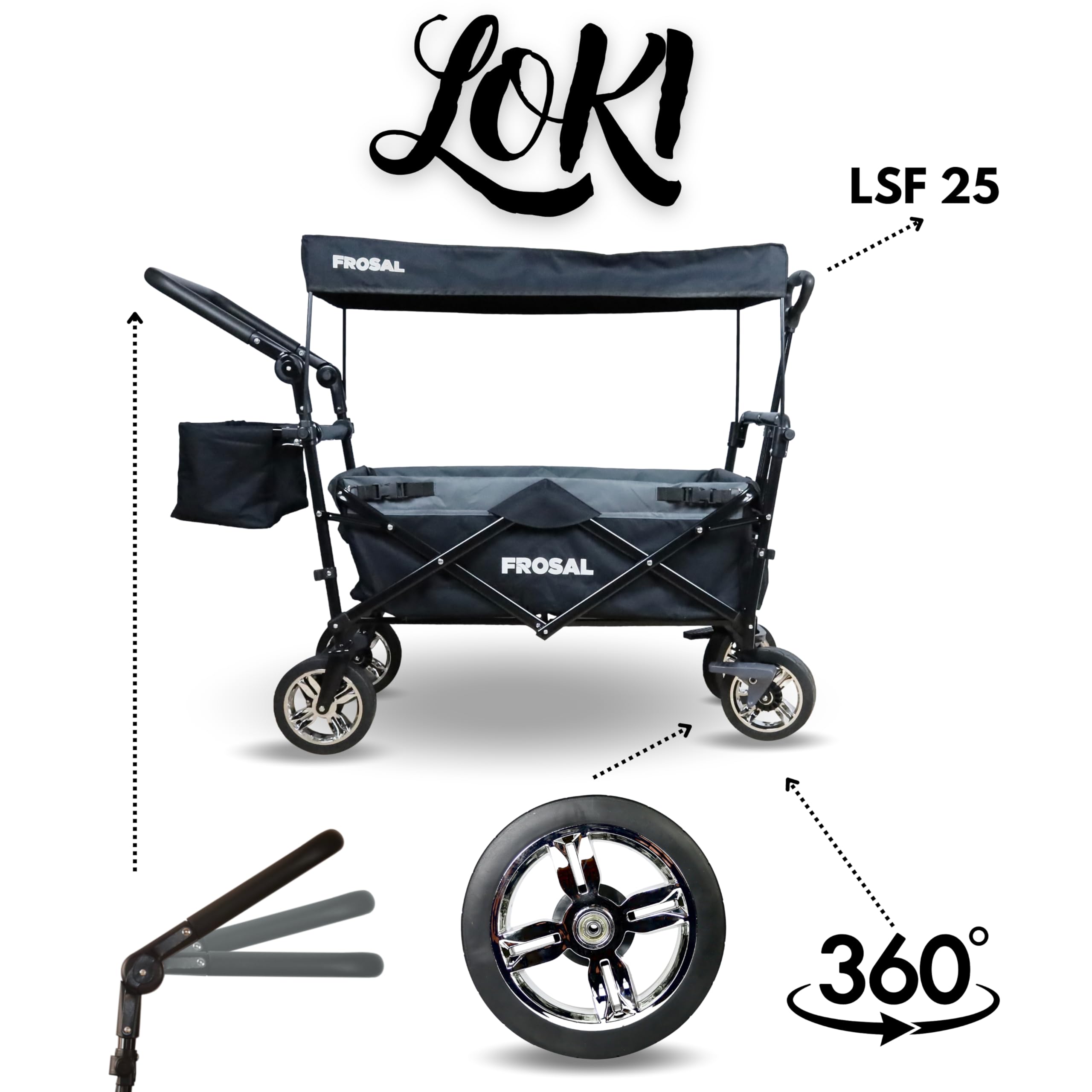 FROSAL Faltbarer Bollerwagen Loki mit Sonnendach und Schiebegriff Grau