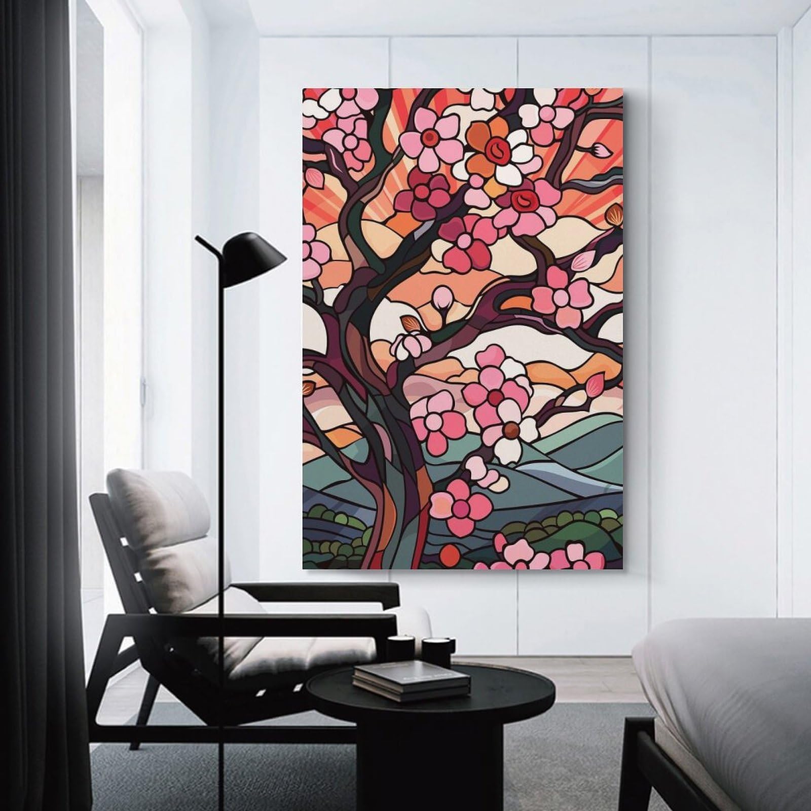 Junmoney Stained Glass Cherry Blossoms at Sunset Canvas Wall Picture, 24x36inch(60x90cm), for Wall Displays, Bedrooms Or Room Updates, Wall Decor Suited to Curated Displays