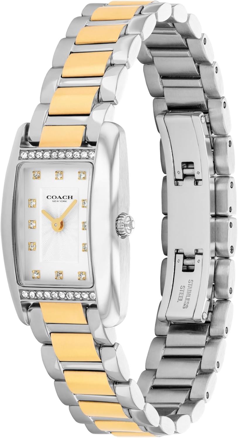 COACH Women's Reese 2H Quartz Watch, Petite Rectangle Case, Stainless Steel Link Bracelet with Crystal Accents, Timeless Minimalism for Every Day - Gift for Her - Image 2