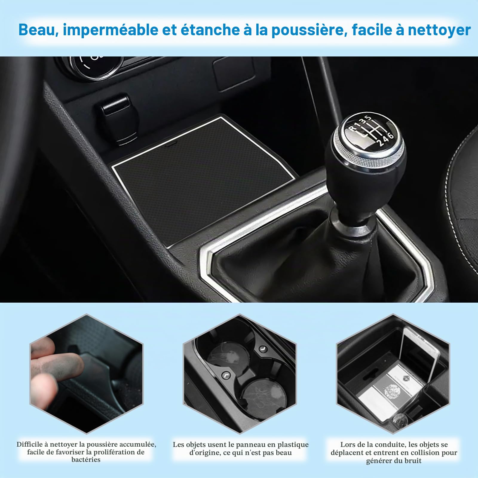 Tapis Anti-dérapants Compatible avec Dacia Sandero 3 Sandero Stepway 3 2021-2024, Dacia Sandero Tapis en Caoutchouc pour Accoudoir, Console Centrale, Porte-Gobelet, Rainure de Porte (Blanc)