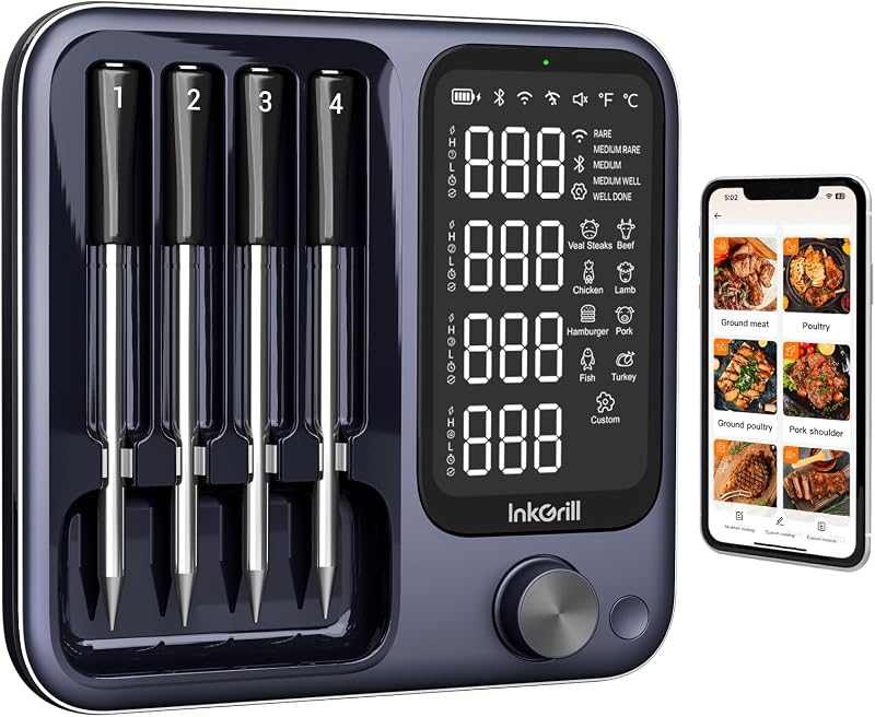 Wireless Meat Thermometer with APP Control，4 Probes Meat Thermometer Digital, Unlimited Range WiFi & Bluetooth Meat Thermometerfor for Rotisserie, Grill, Oven, Smoker, BBQ, Air Fryer