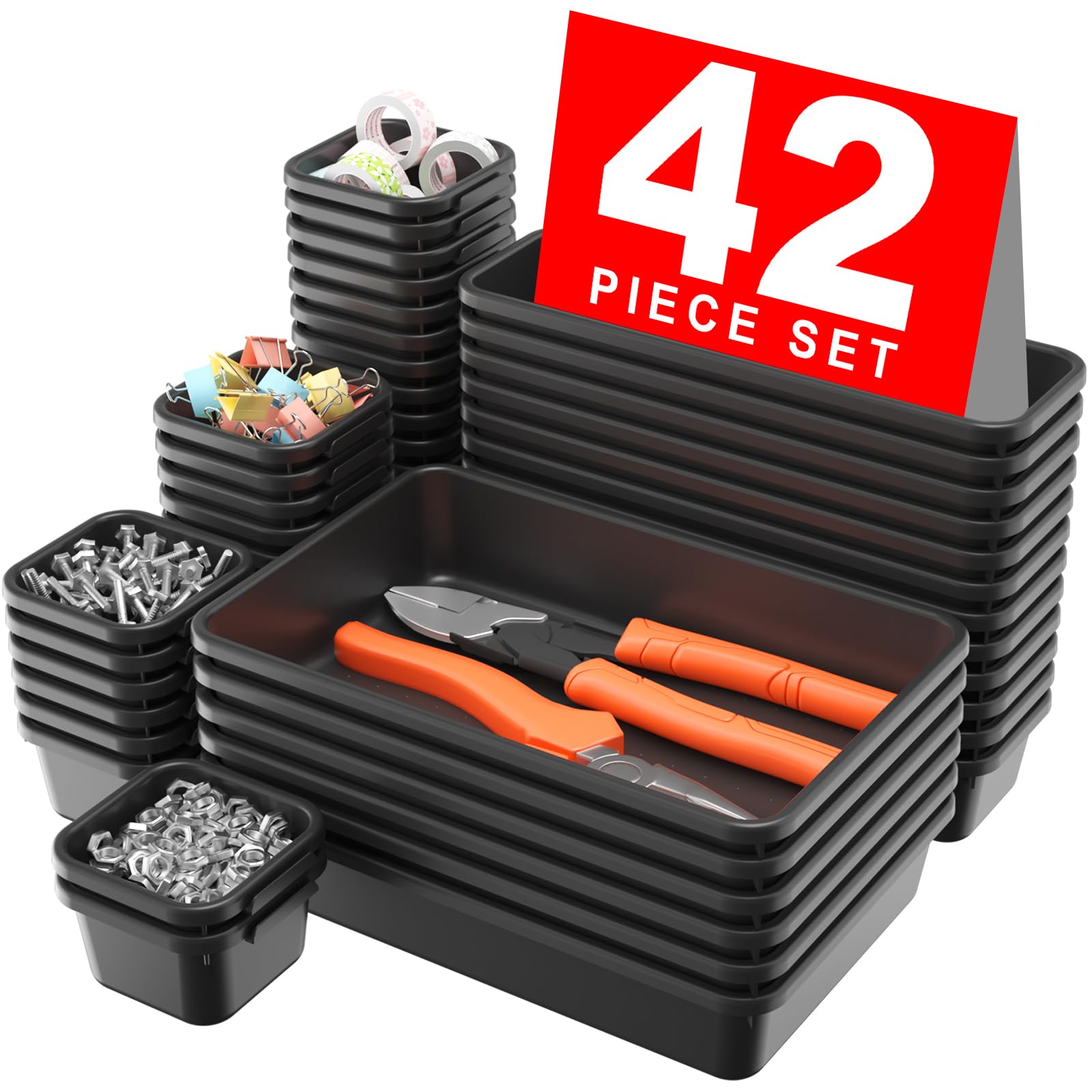 A-LuGei 【42PCS】【Black】 Tool Box Organizer Tray Divider Set, Desk Drawer Organizer, Garage Organization and Storage Toolbox Accessories for Rolling Tool Chest Cart Cabinet Work Bench Small Parts