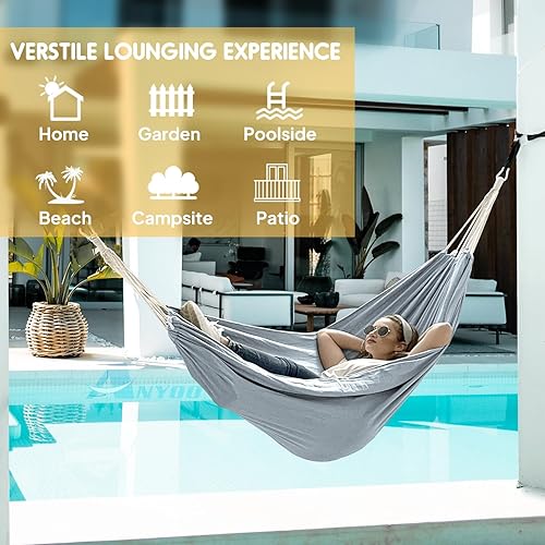 Miniatura 31 de Anyoo - Hamaca de algodón para jardín, con correas para colgar, hasta 660 libras, hamaca portátil con bolsa de viaje, perfecta para acampar al aire