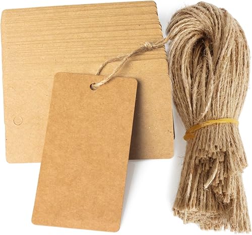 200 etiquetas de regalo de papel kraft con 200 cordeles de yute natural, etiquetas rectangulares de mercancía en blanco de 3.9 x 1.9 pulgadas,