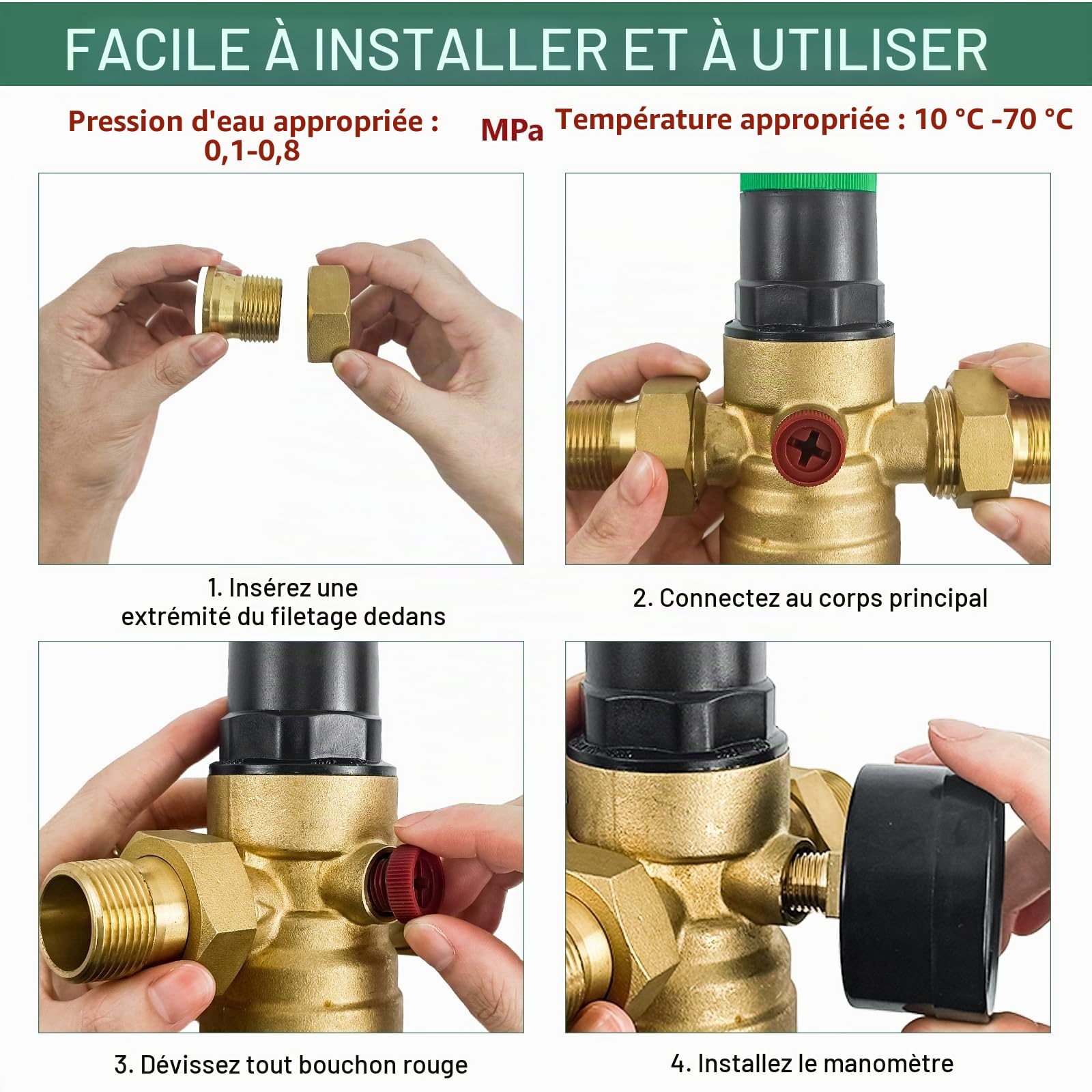 Reducteur de Pression Eau 1/2 Pouce, Reducteur de Pression Avec Manometre Pression Eau Et Filtre à Mailles, RéDucteur de Pression D'Eau En pour Robinets D'Irrigation de Jardin de Chauffage au Gaz