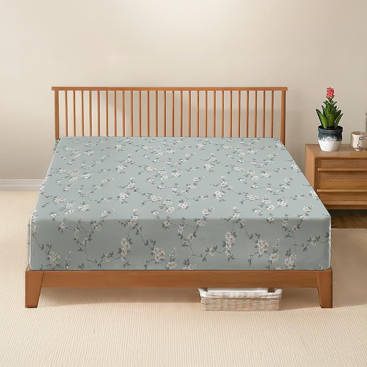 Danydude Mint Bloom 100% Egyptian Cotton Floral Printed Double Fitted Sheet 400 Thread Count Fitted Sheets Double Soft & Machine Washable 30Cm/12” Extra Deep Fitted Bed Sheets Room Decor