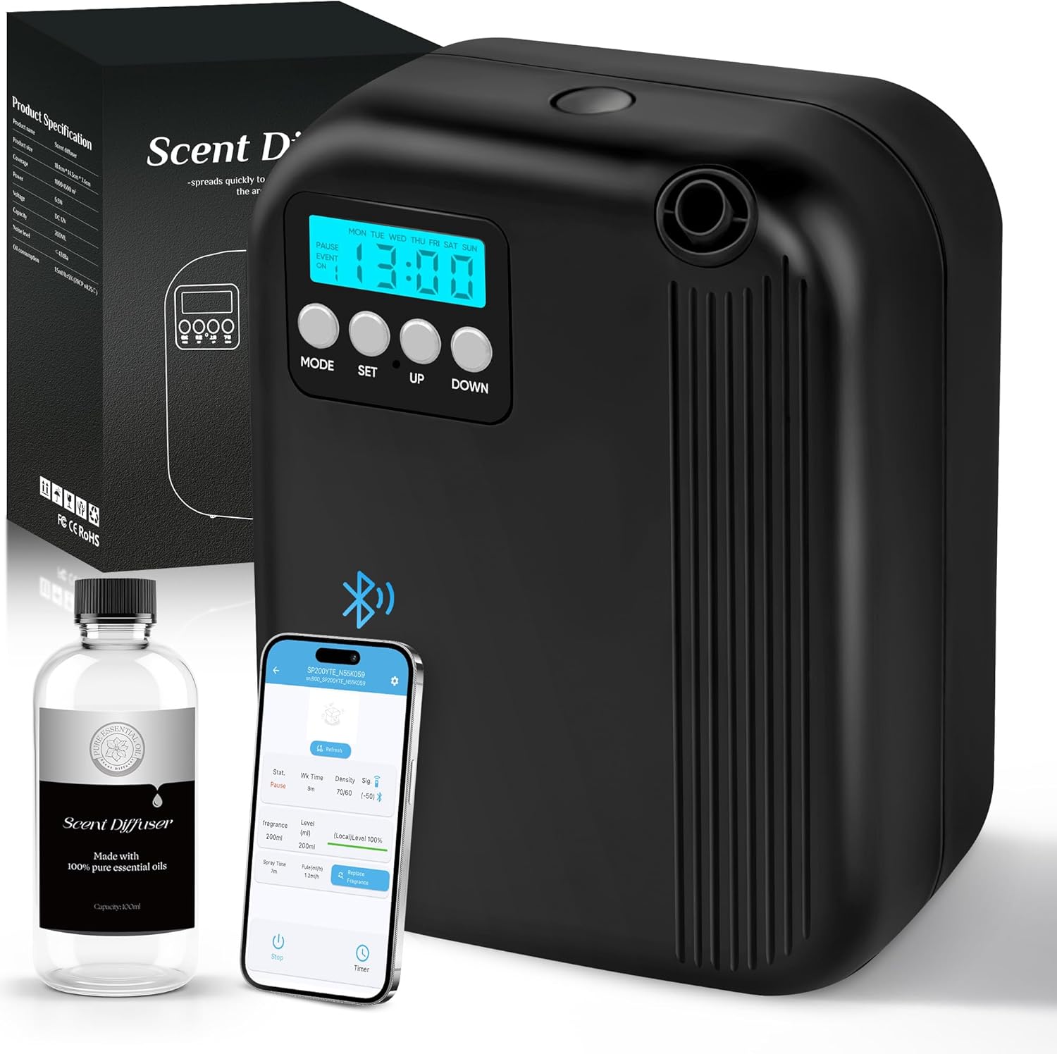 Hotel Collection Diffuser, House Scent Machine, 3000 Sq.Ft of Coverage, 200ml Large Capacity Aromatherapy Machine, Scent Diffusers for Home Large Room, Office Waterless Essential Oil Diffuser, Black