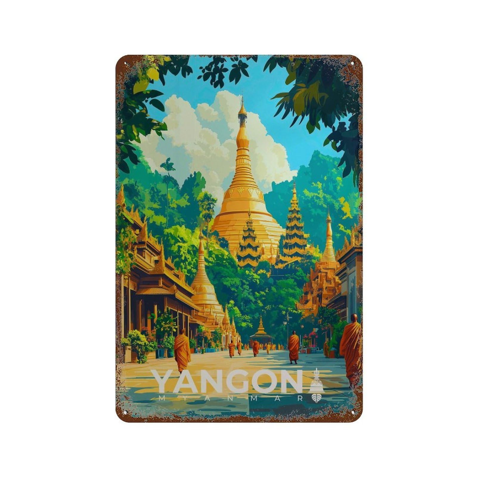 xiaoxiaoshen Yangon Travel Myanmar Buddhist Temple Wall Decor Art Metal Tin Poster Modern Home Decor Art Home Bar Shop Decorations Vintage Sign 30x20cm