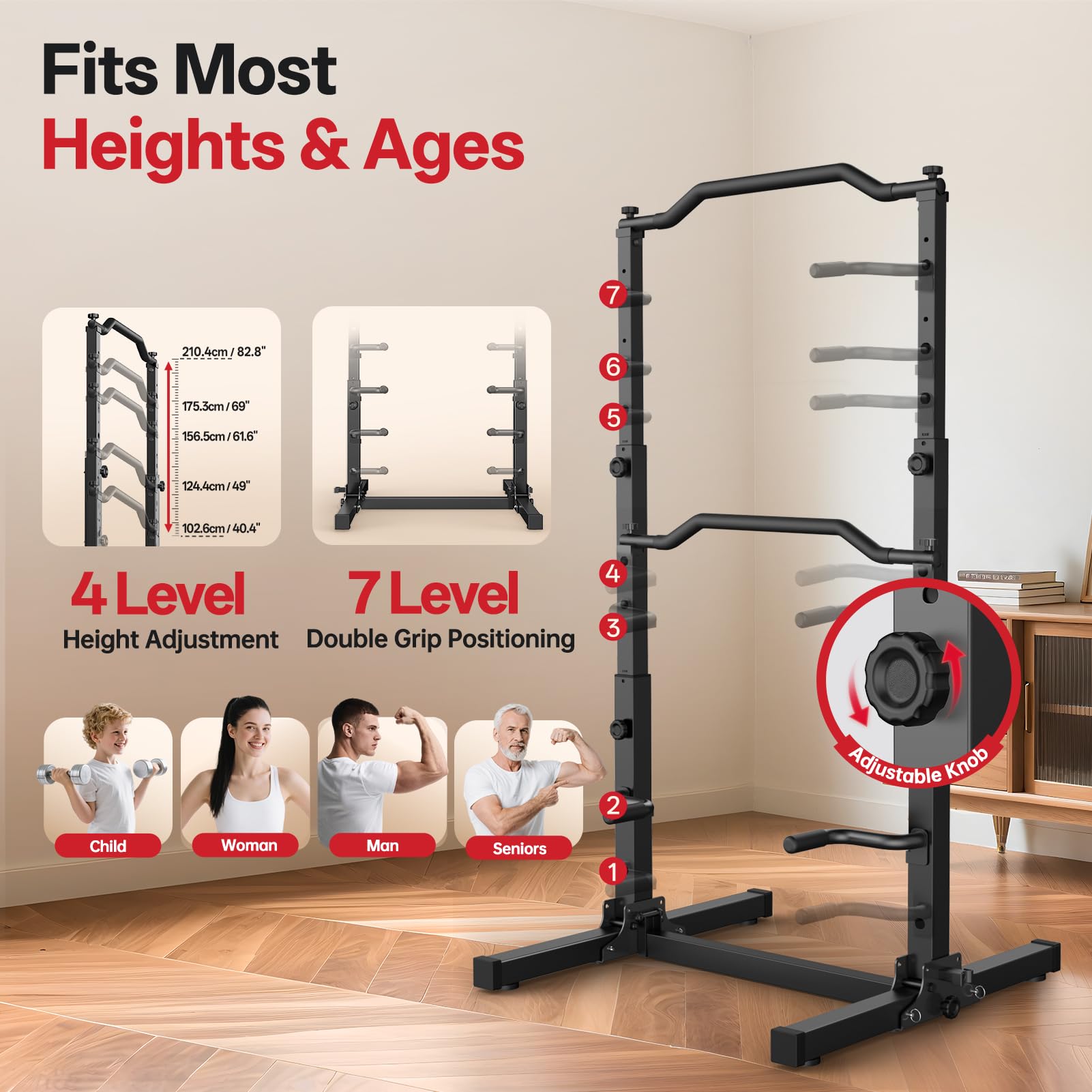 JOROTO Plegable Power Tower Dip Station, Altura Ajustable Estación de Dominadas Independiente, 5 en 1 Estación de Fondos Multifuncional Home Gym Pull Up Station, 172KG Capacidad