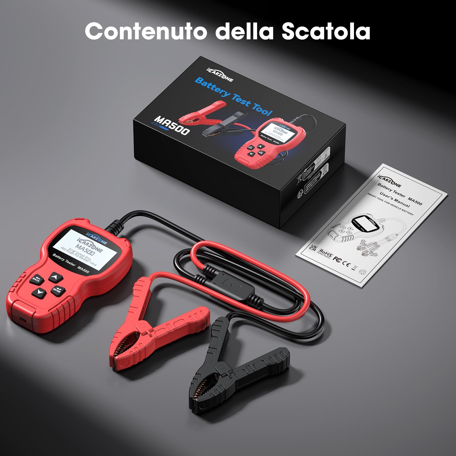 MA500 Tester Batteria Auto, Batterie Diagnostico Digitale 9V-30V per Alternatori 100-2000 CCA, Analizzatore di Ricarica e Avviamento per Auto, Camion, Moto, Barche, Camper, ATV e Yacht