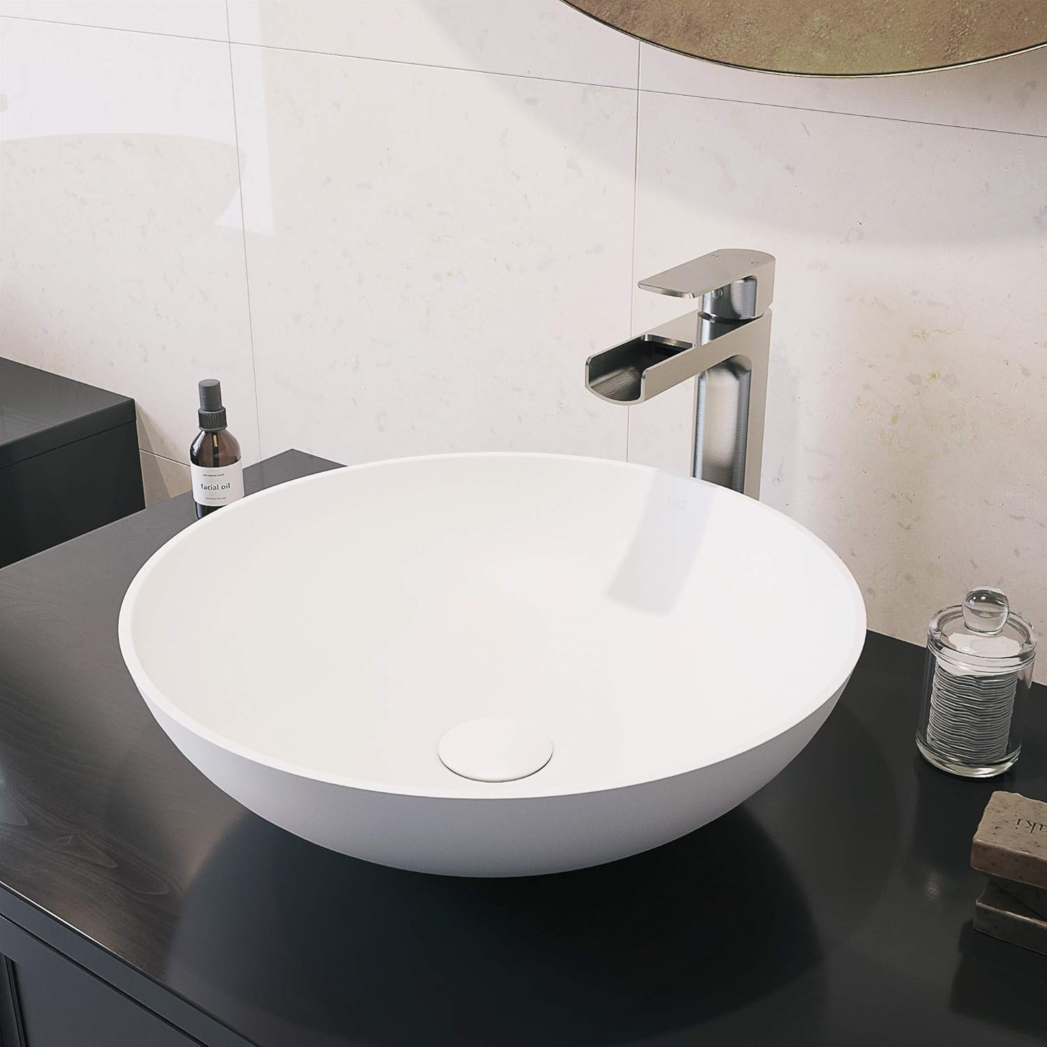 VIGO 16" L -16" W -10" H Lotus Matte Stone Round Vessel Sink Set in White with Faucet and Drain -VGT1408