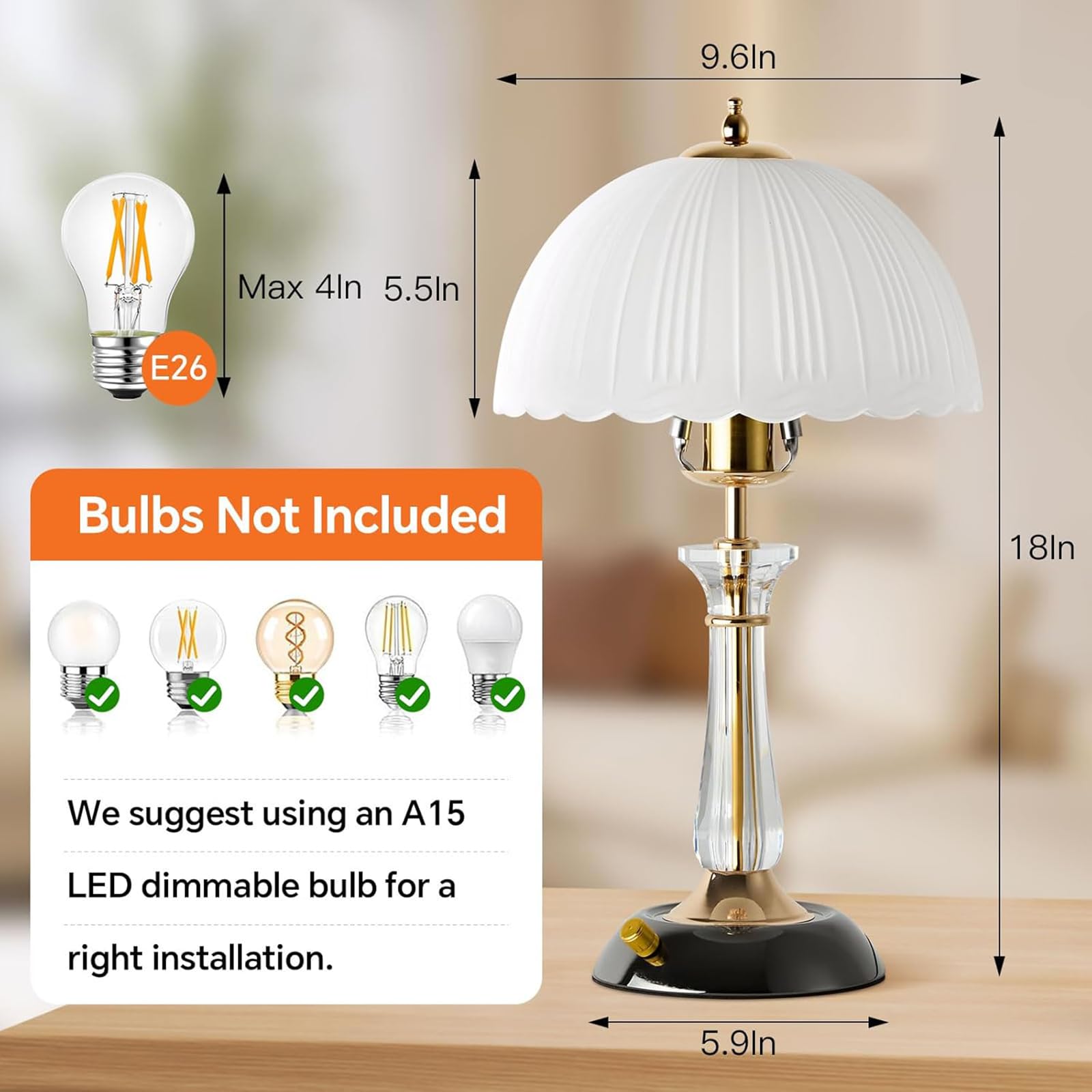 Lampa Stołowa LED, Lampa Biurkowa Do Sypialni Z Kloszem Z Białego, Matowego Szkła I Kryształową Kolumną, Ściemniana Lampka Nocna Z 3 Regulowanymi Trybami Oświetlenia, Do Biura Gabinetu Salonu